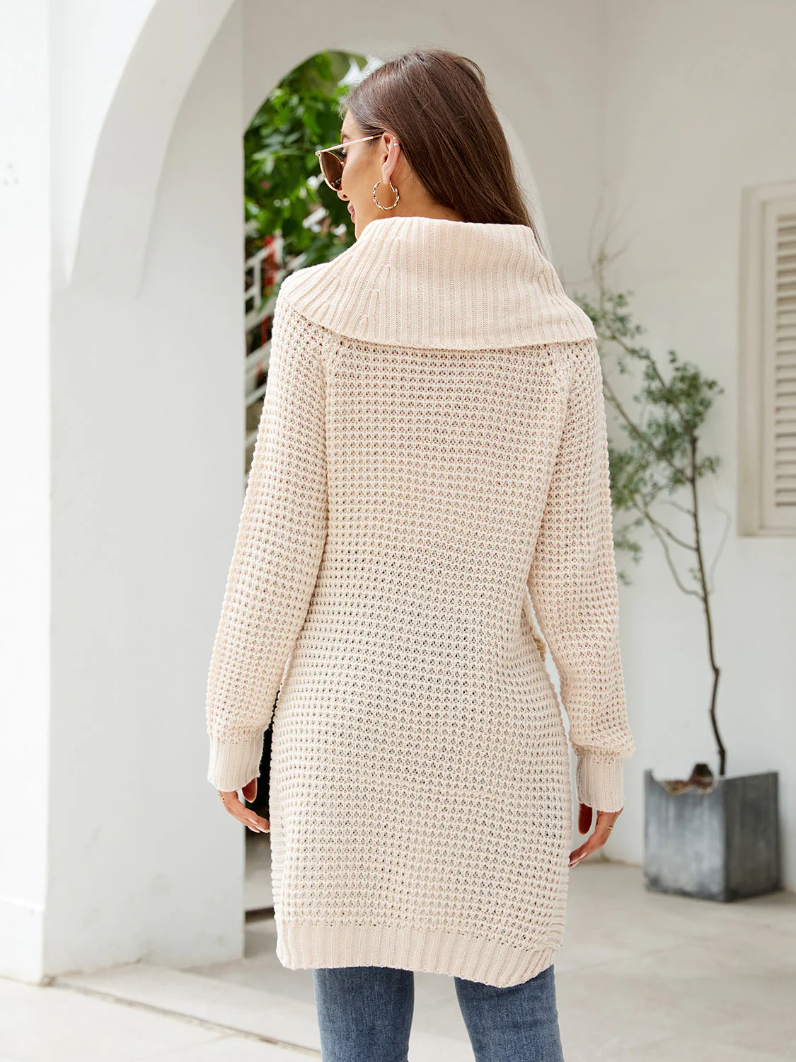 Turtleneck Waffle-Knit Slit Sweater Dress - Image 2
