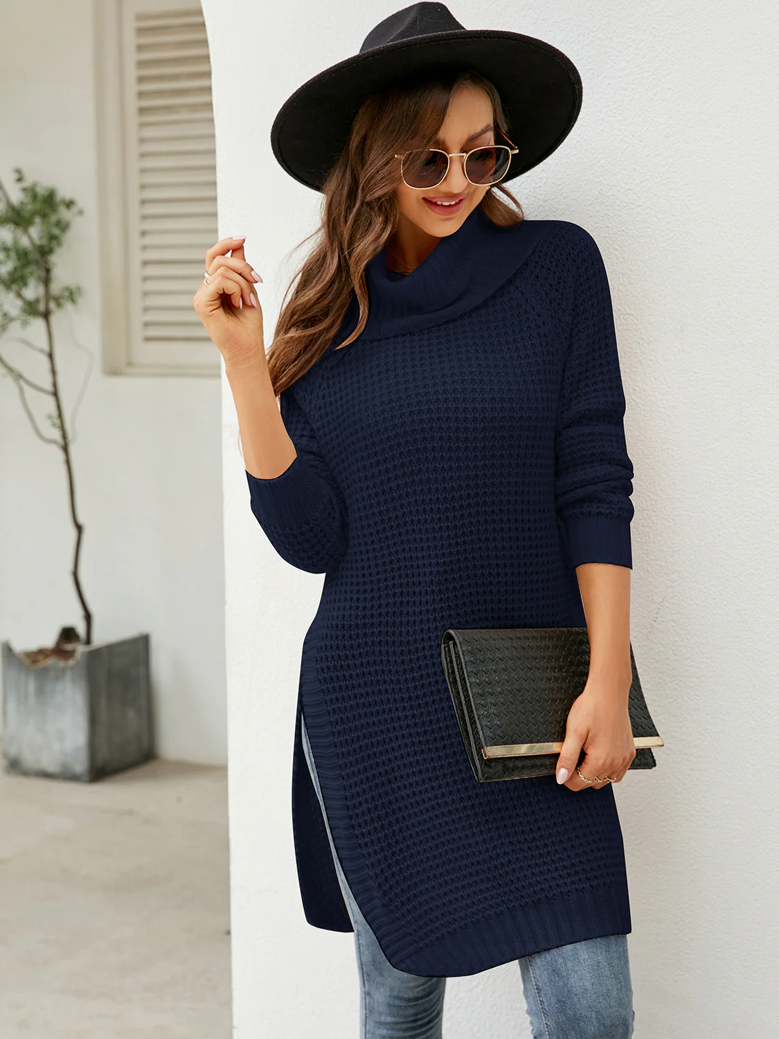 Turtleneck Waffle-Knit Slit Sweater Dress - Image 5
