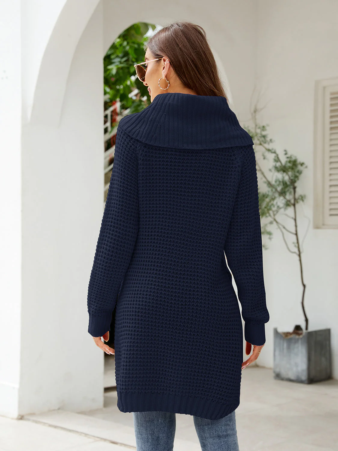 Turtleneck Waffle-Knit Slit Sweater Dress - Image 6