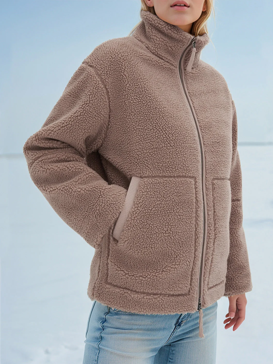 Turtleneck Zip Up Long Sleeve Plush Jacket - Image 13