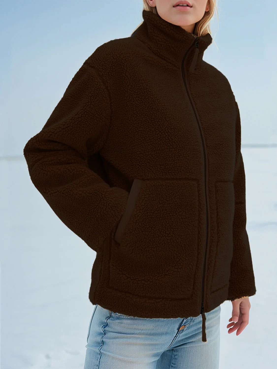 Turtleneck Zip Up Long Sleeve Plush Jacket - Image 27