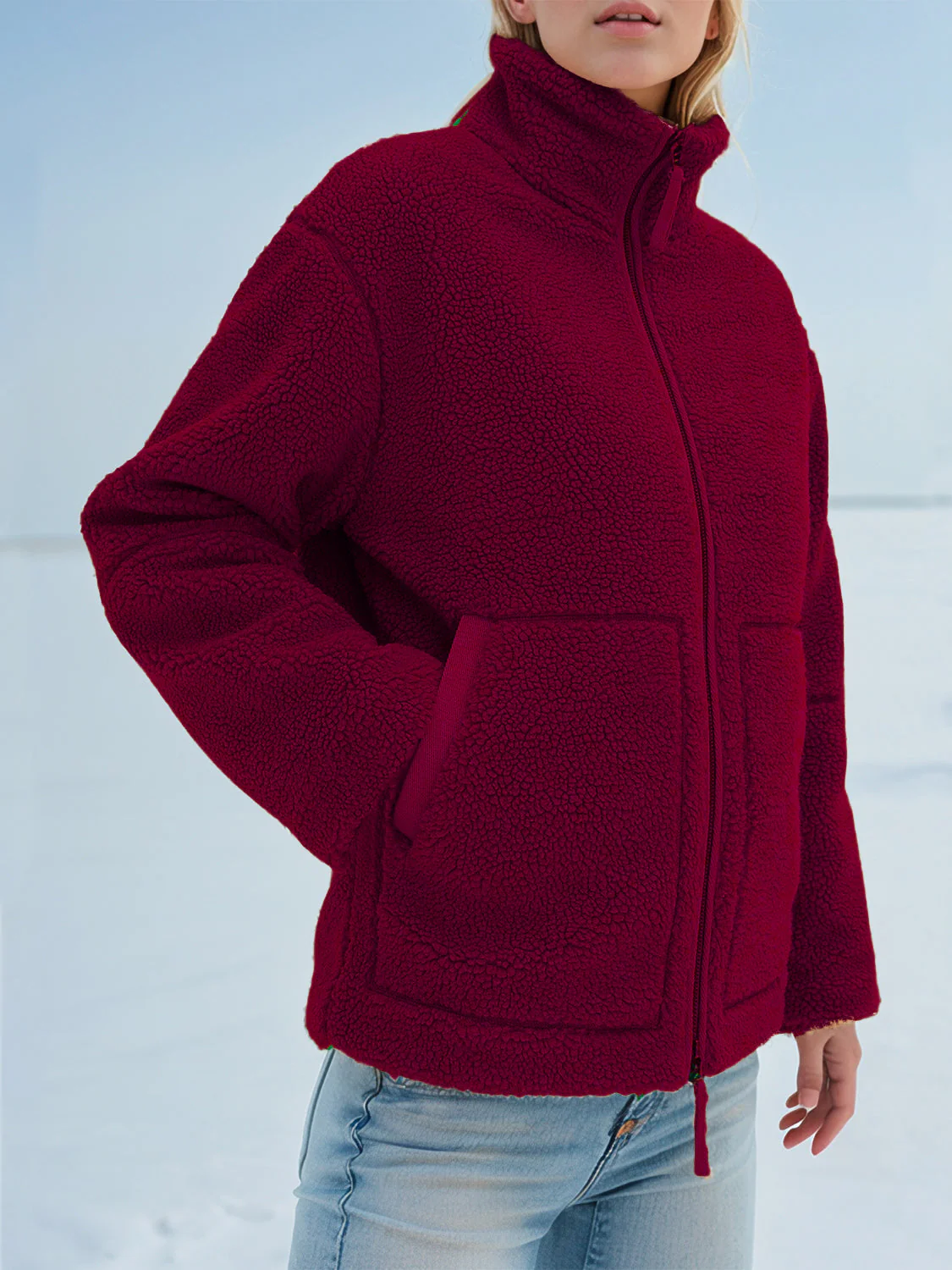Turtleneck Zip Up Long Sleeve Plush Jacket - Image 8