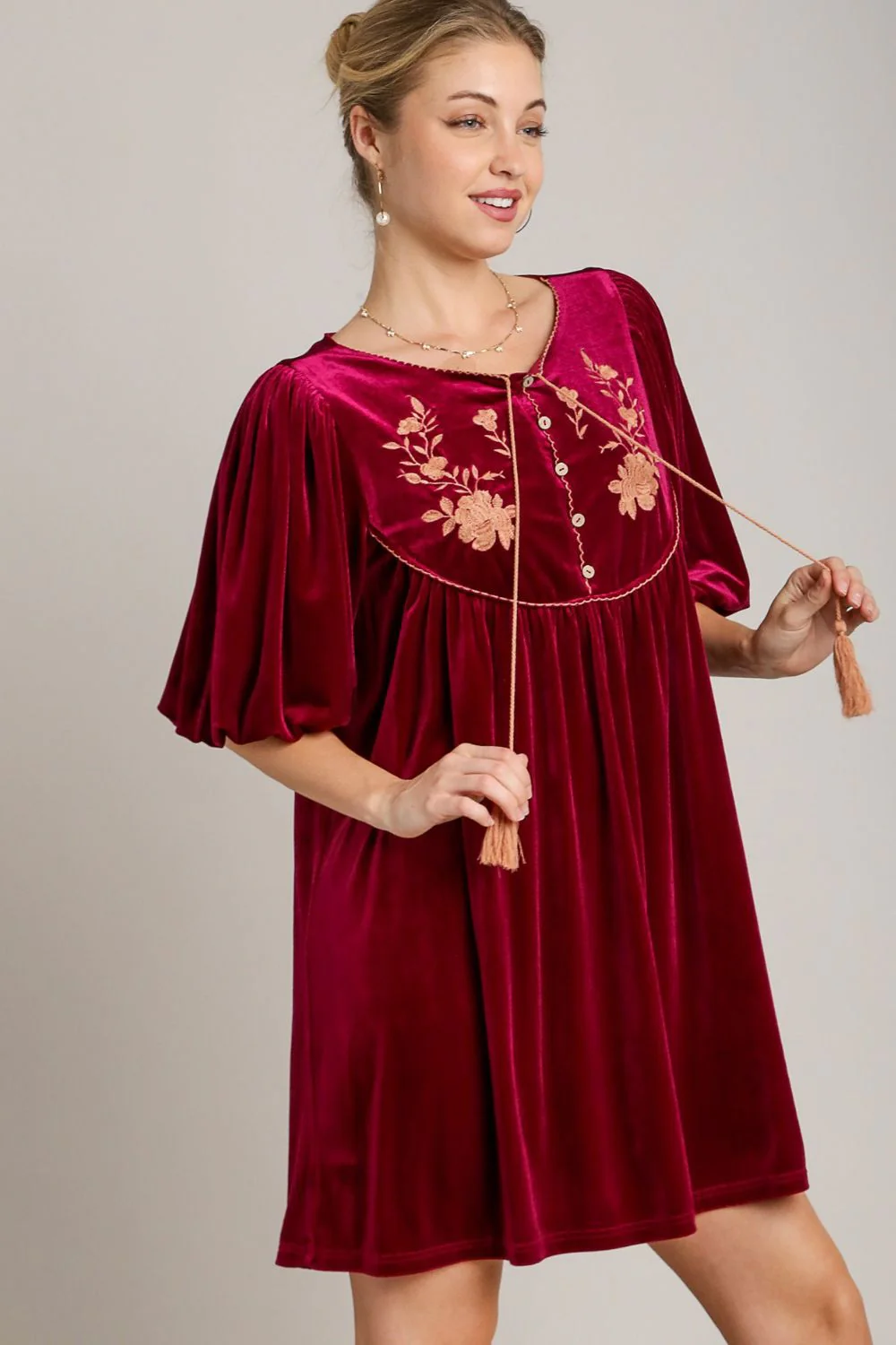 Umgee Embroidered Half Sleeve Velvet Mini Dress with Tassel - Image 3
