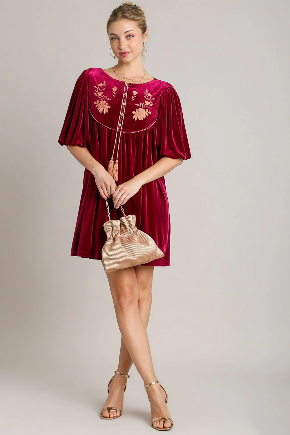 Umgee Embroidered Half Sleeve Velvet Mini Dress with Tassel - Image 4