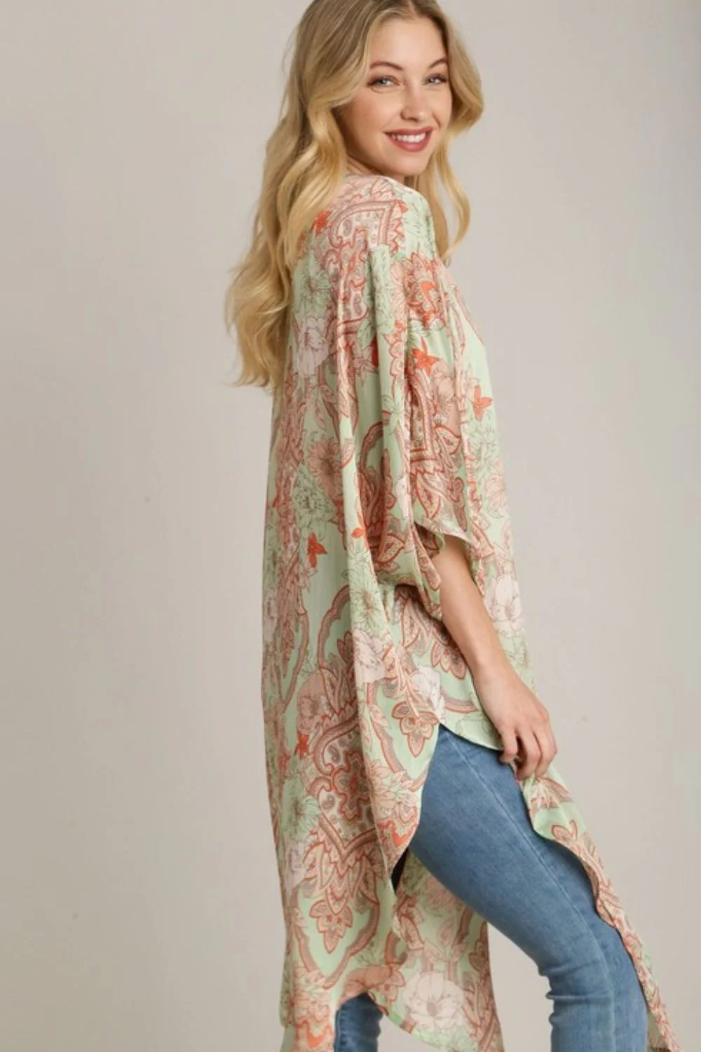 Umgee Full Size Mixed Print Open Front Kimono with Ruffle Sleeves Plus Size - Image 2