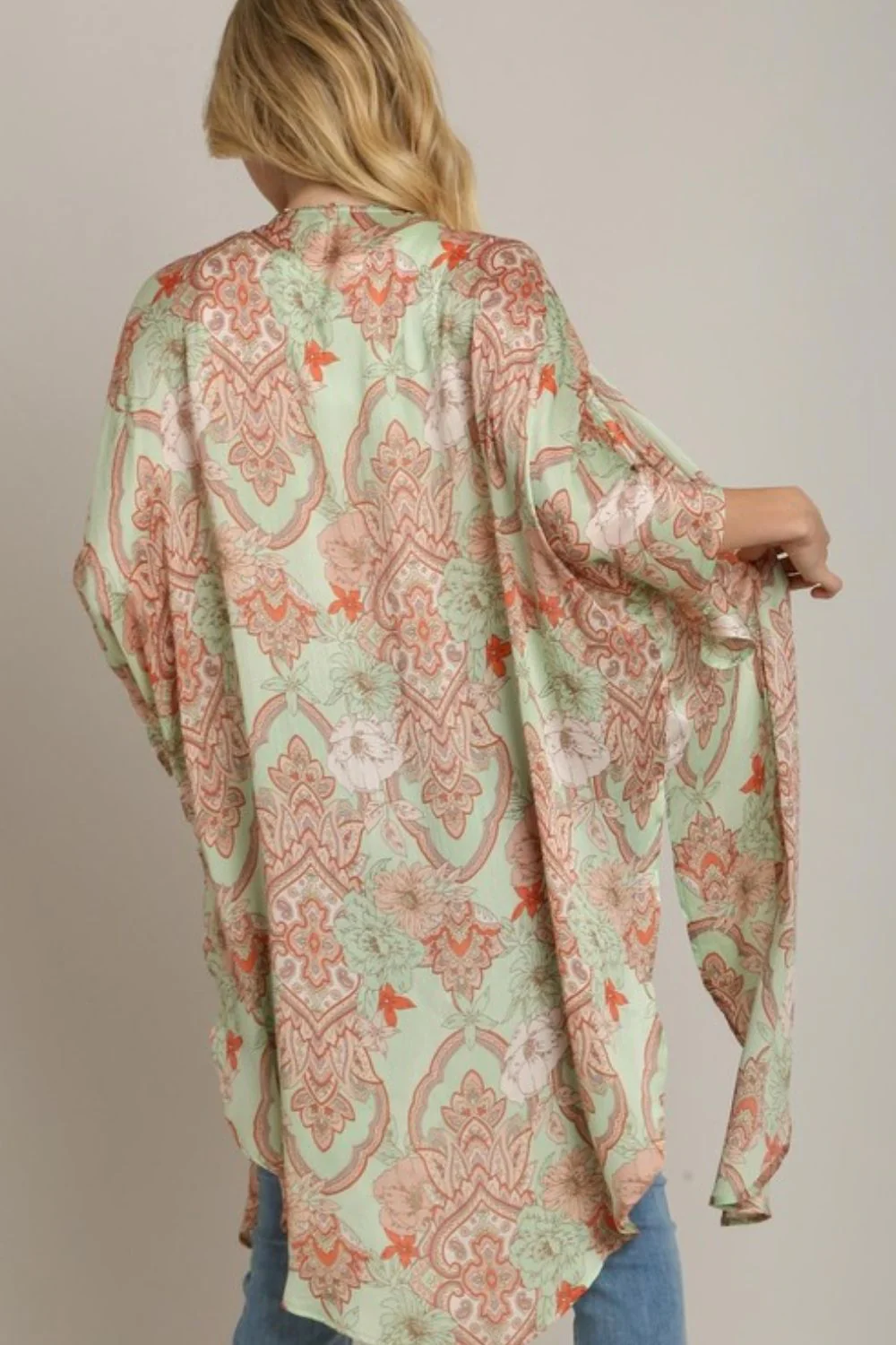 Umgee Full Size Mixed Print Open Front Kimono with Ruffle Sleeves Plus Size - Image 3