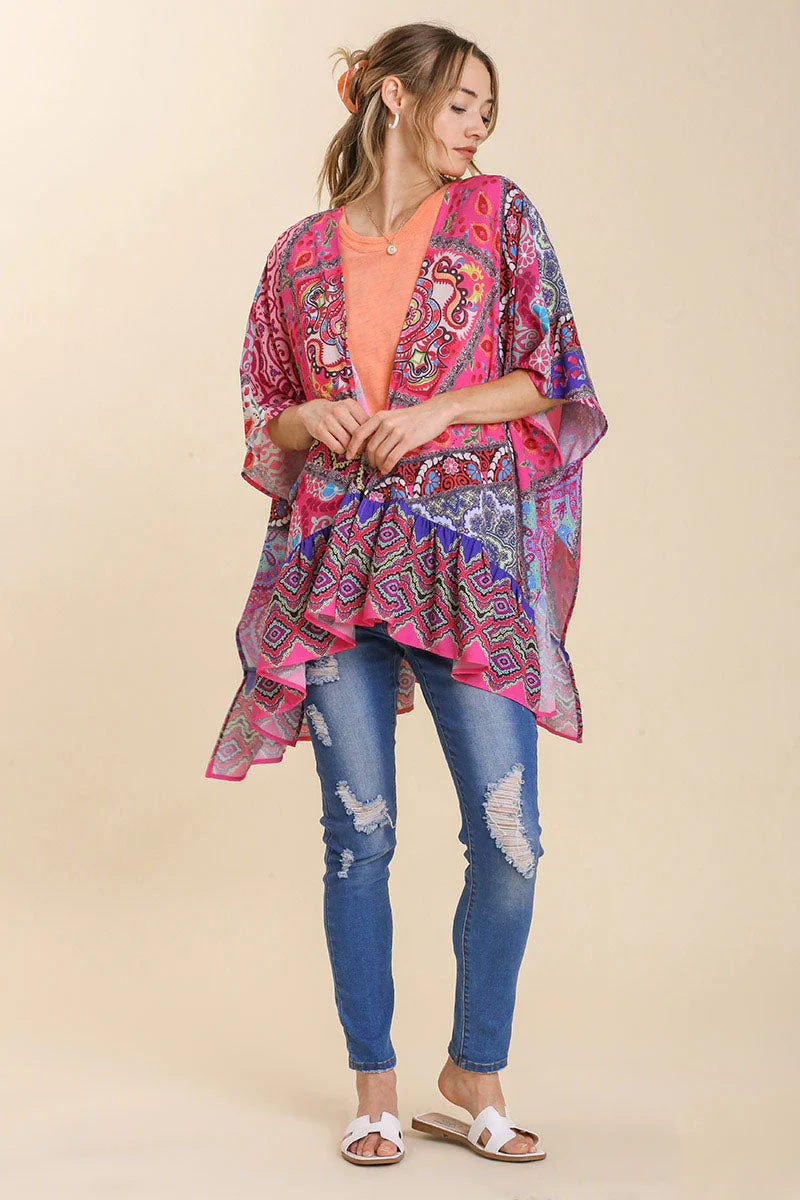 Umgee Full Size Mixed Print Ruffle Hem Open Front Cover Up Plus Size - Image 2