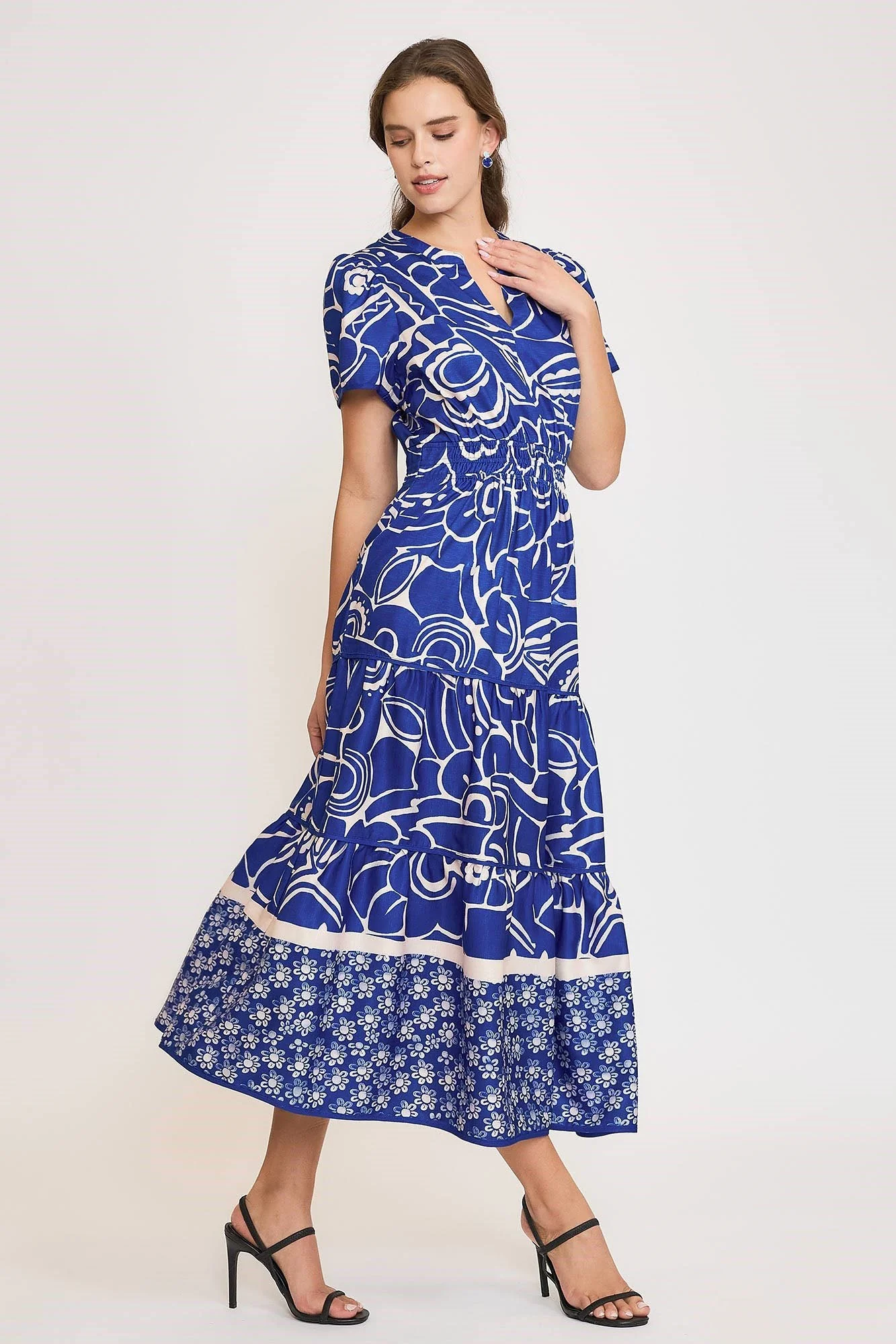 Umgee Full Size Printed Notched Short Sleeve Tiered Dress Plus Size - Image 2