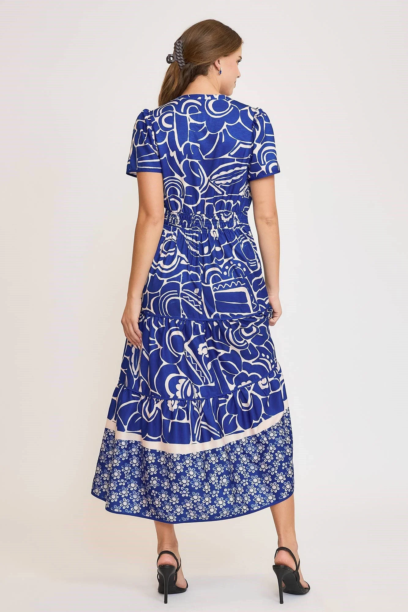 Umgee Full Size Printed Notched Short Sleeve Tiered Dress Plus Size - Image 3