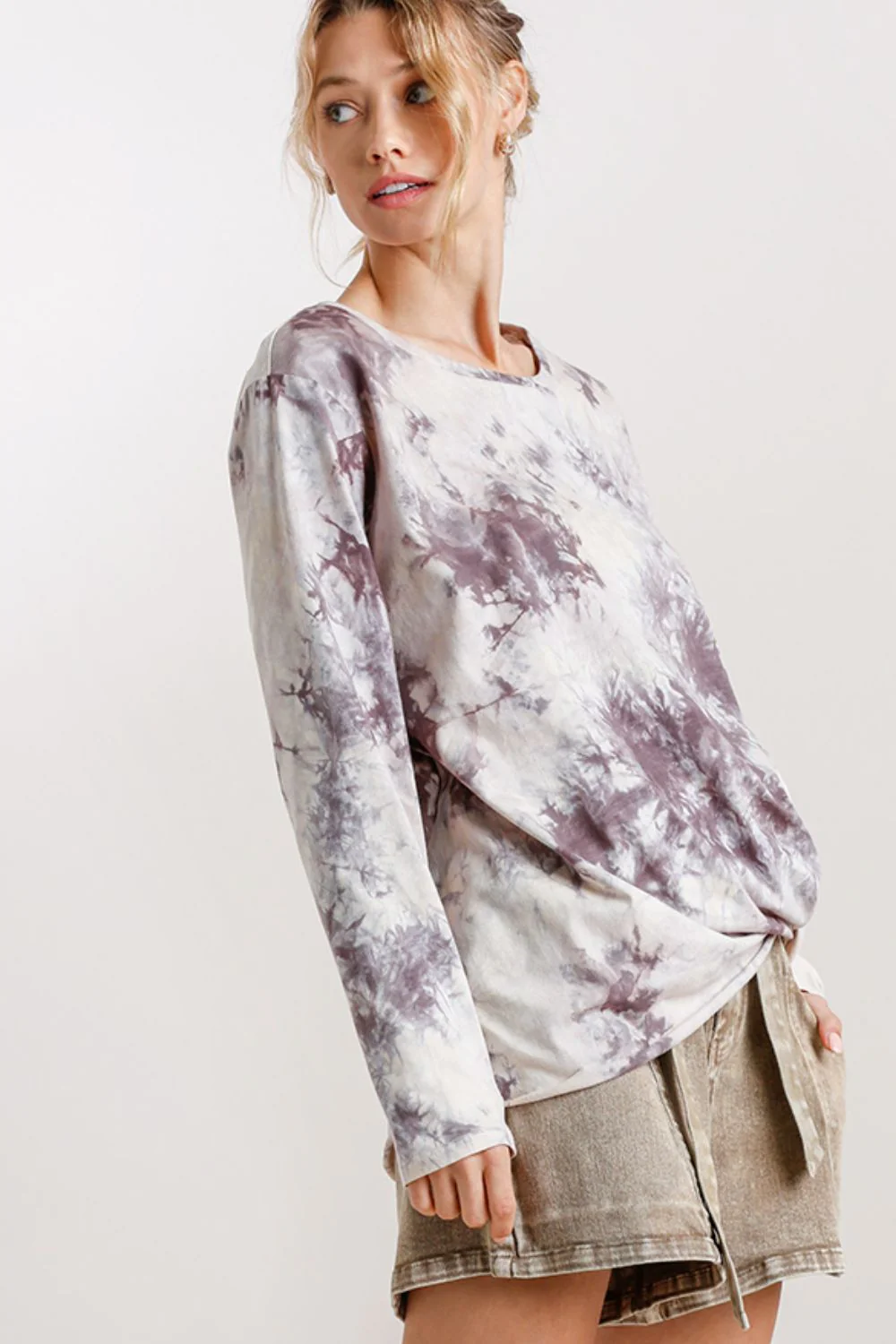 Umgee Full Size Tie Dye Front Gathered Detail Round Neck Long Sleeve T-Shirt Plus Size - Image 2
