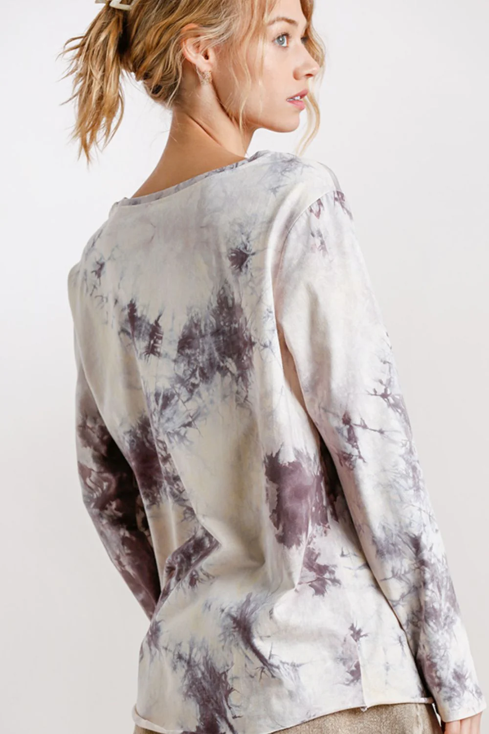 Umgee Full Size Tie Dye Front Gathered Detail Round Neck Long Sleeve T-Shirt Plus Size - Image 3