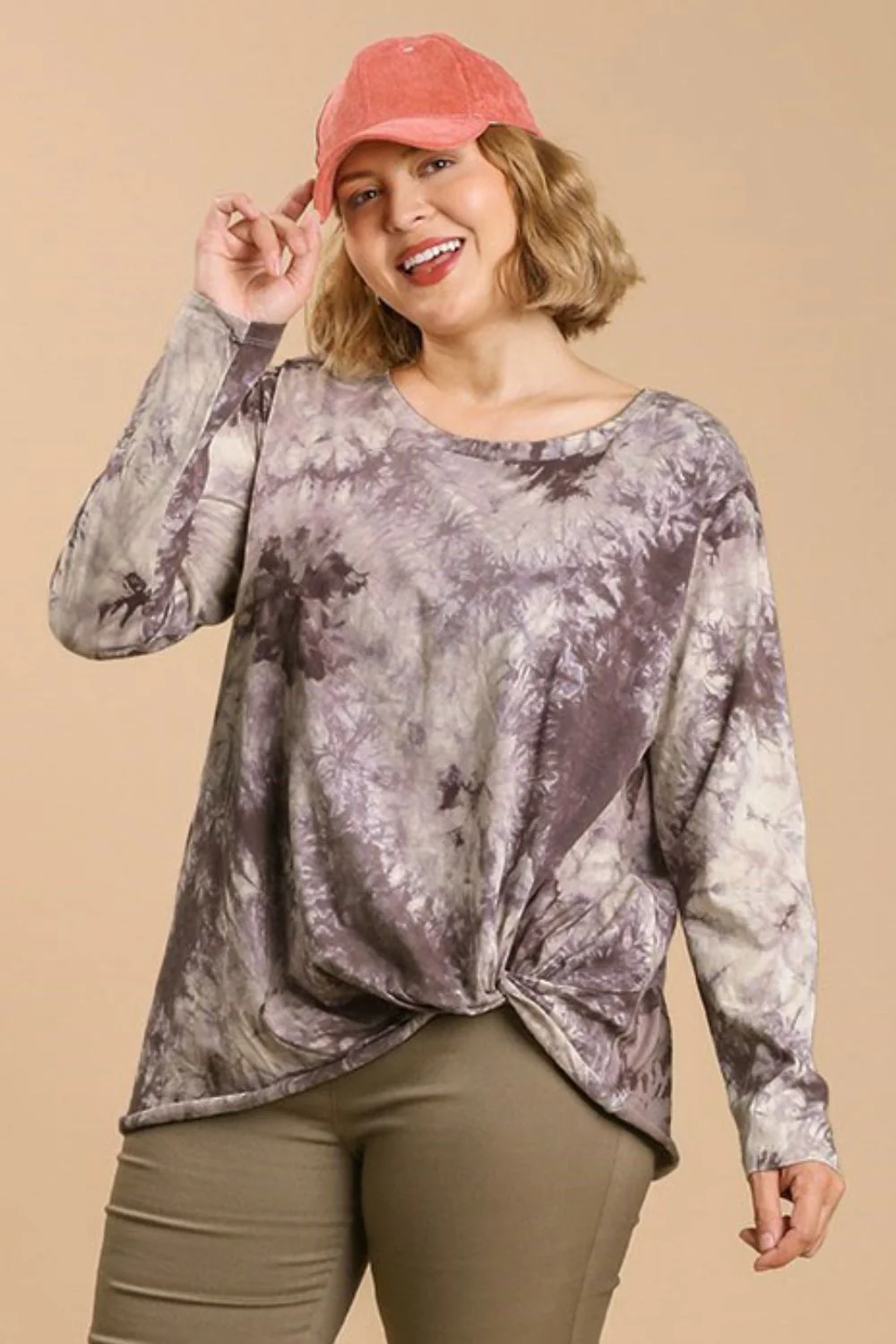 Umgee Full Size Tie Dye Front Gathered Detail Round Neck Long Sleeve T-Shirt Plus Size - Image 5