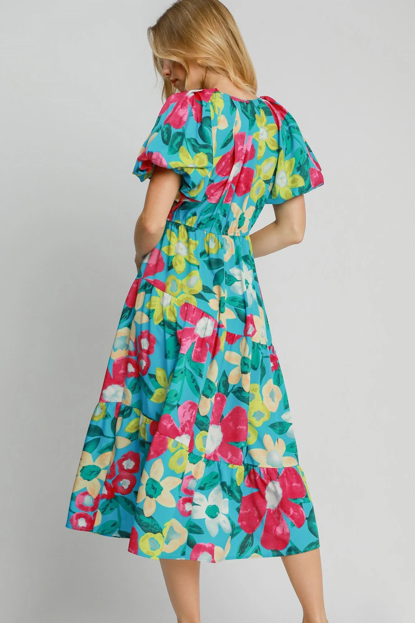Umgee Full Size Tiered Floral Print Notched Puff Sleeve Midi Dress Plus Size - Image 2