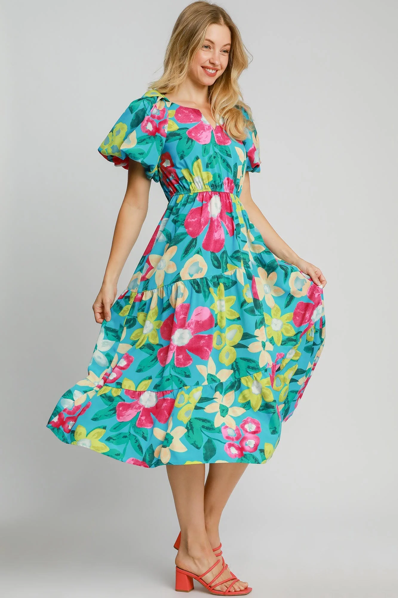 Umgee Full Size Tiered Floral Print Notched Puff Sleeve Midi Dress Plus Size - Image 3