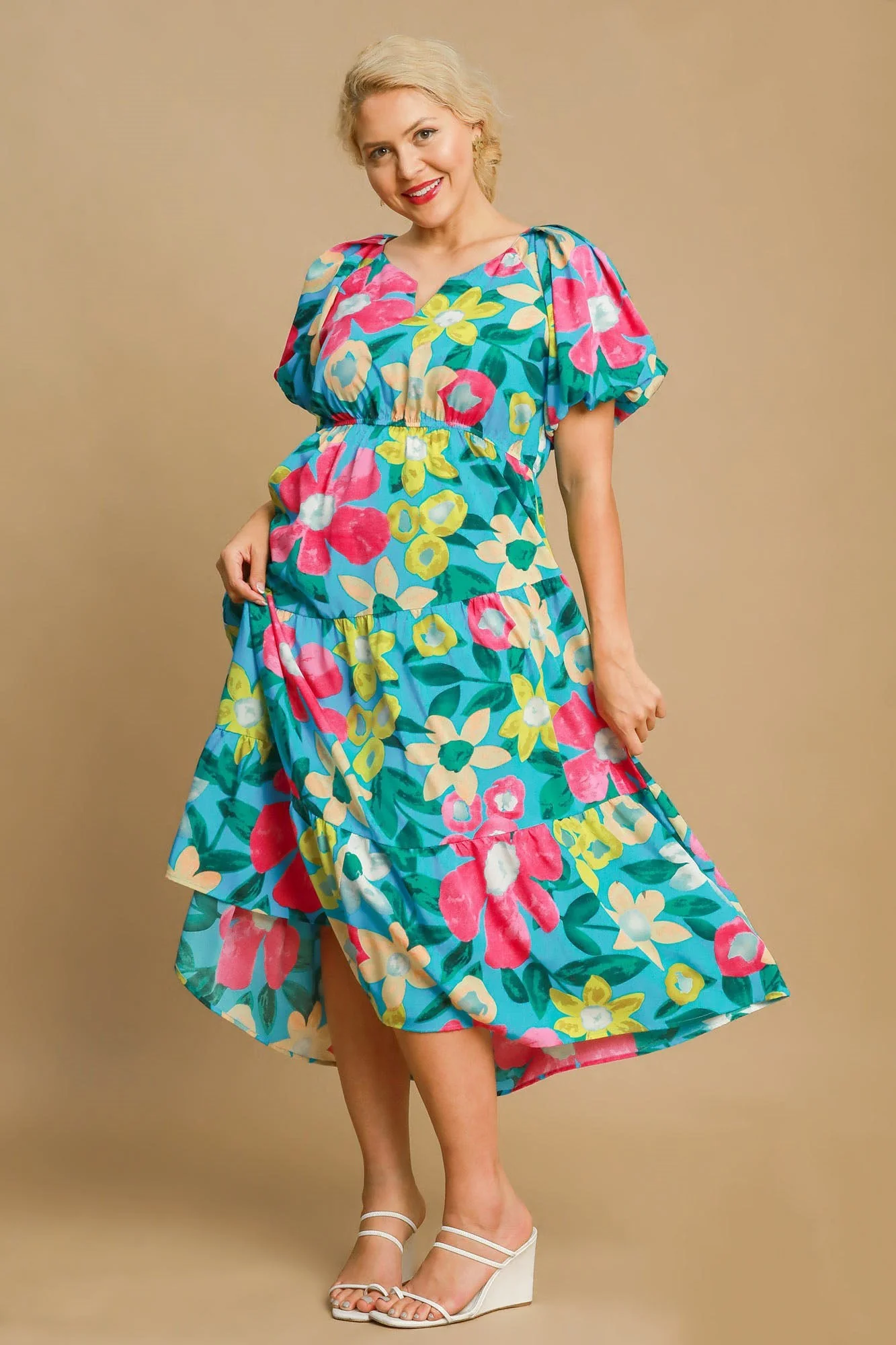 Umgee Full Size Tiered Floral Print Notched Puff Sleeve Midi Dress Plus Size - Image 4