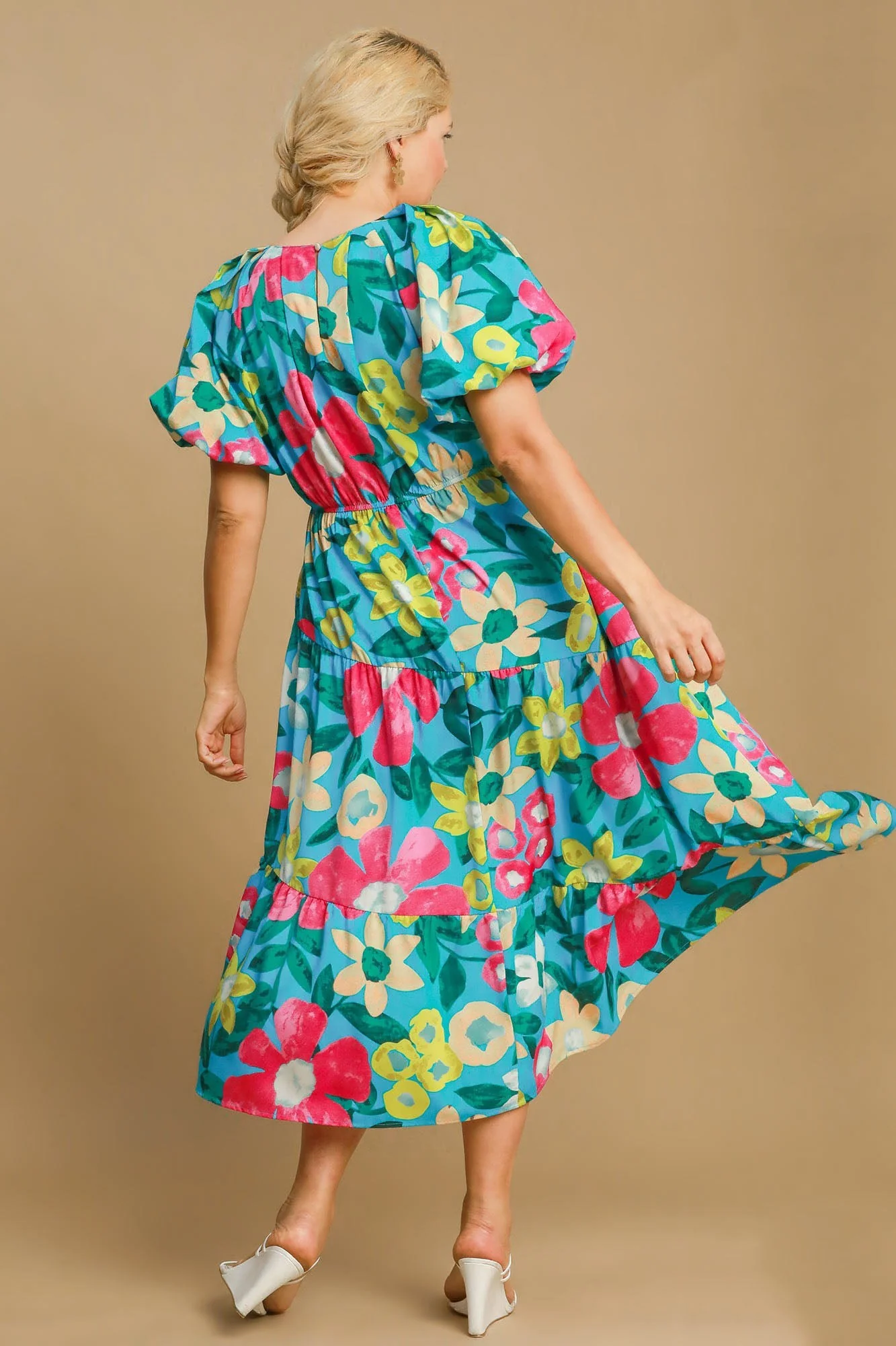 Umgee Full Size Tiered Floral Print Notched Puff Sleeve Midi Dress Plus Size - Image 5