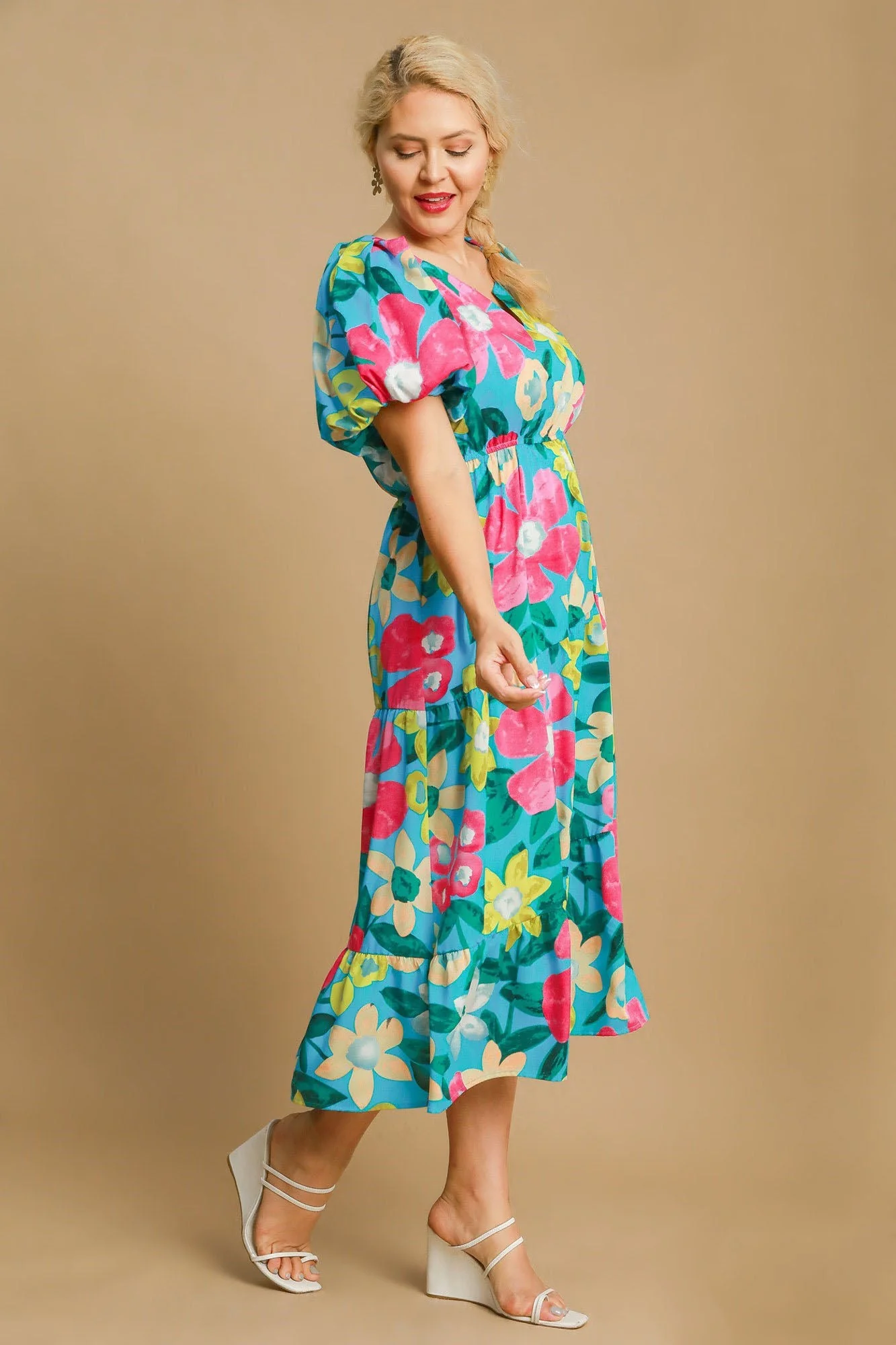 Umgee Full Size Tiered Floral Print Notched Puff Sleeve Midi Dress Plus Size - Image 6