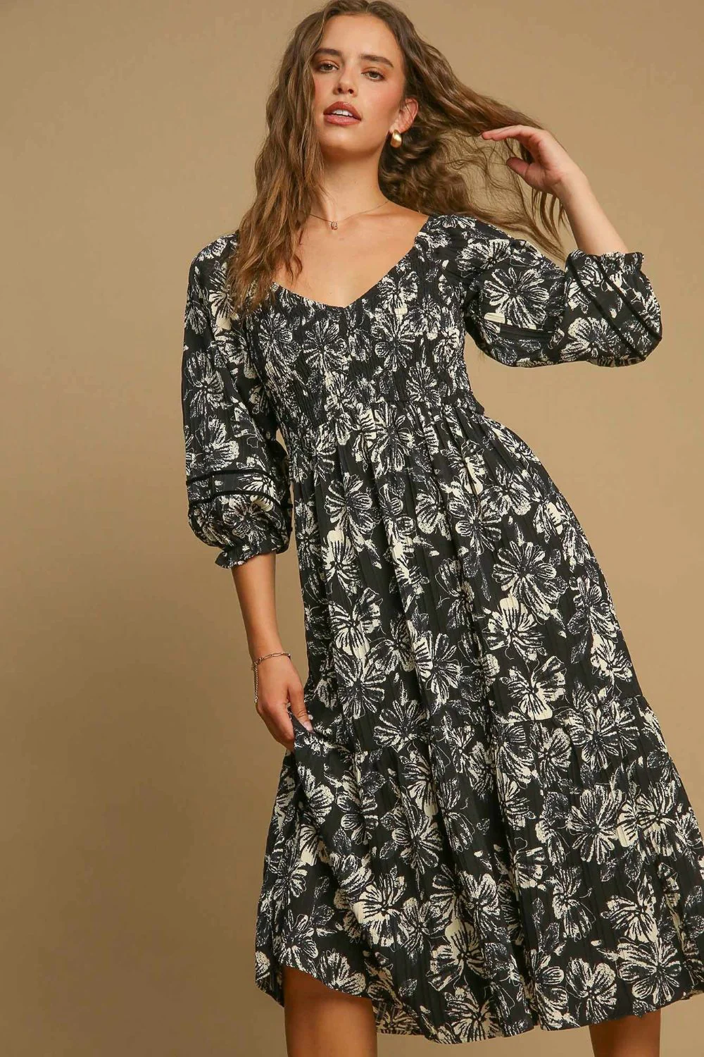 Umgee Ruffle Hem Flower Printed V-Neck Dress - Image 3