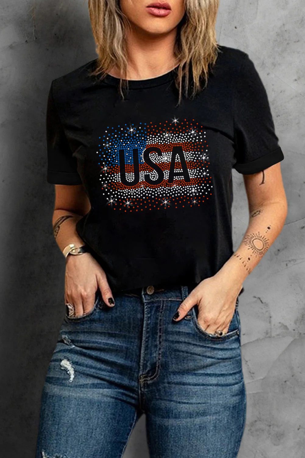 USA Rhinestone Round Neck Short Sleeve T-Shirt - Image 2