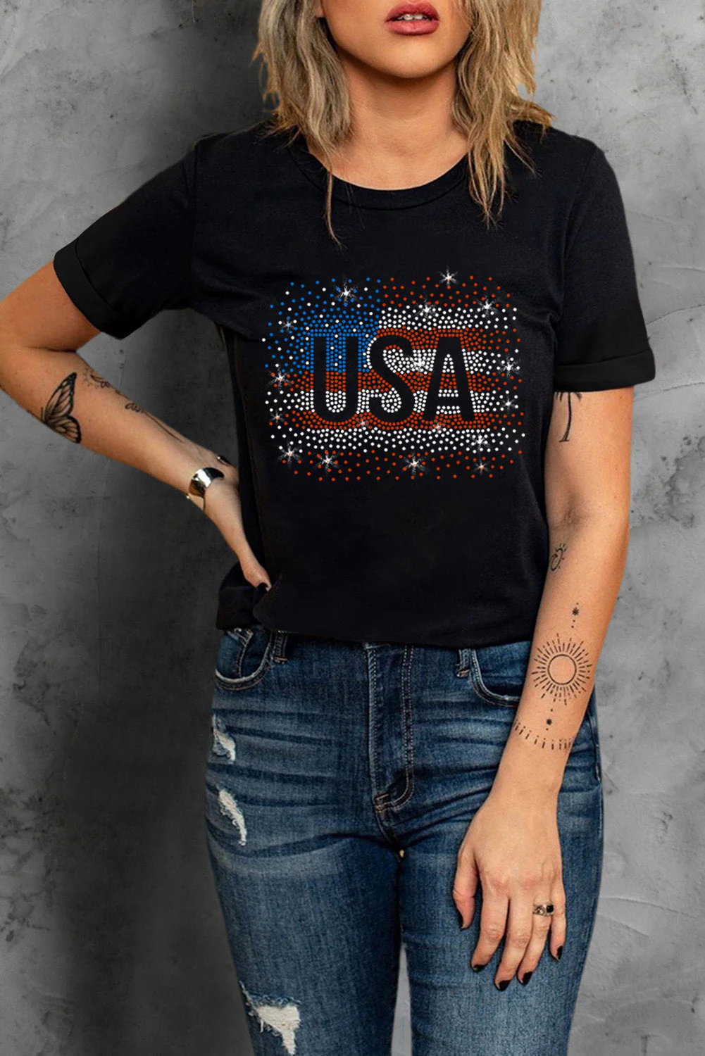 USA Rhinestone Round Neck Short Sleeve T-Shirt - Image 3