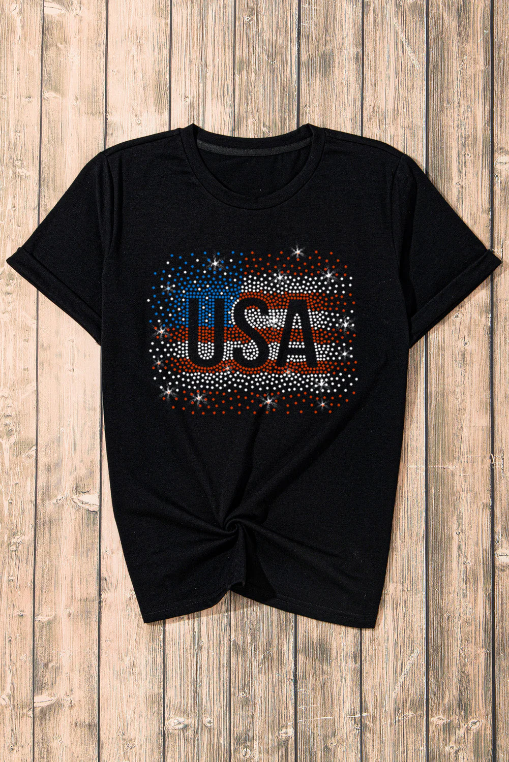 USA Rhinestone Round Neck Short Sleeve T-Shirt - Image 5