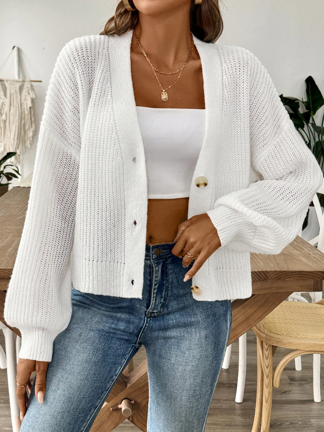 V-Neck Button Up Long Sleeve Cardigan - Image 3