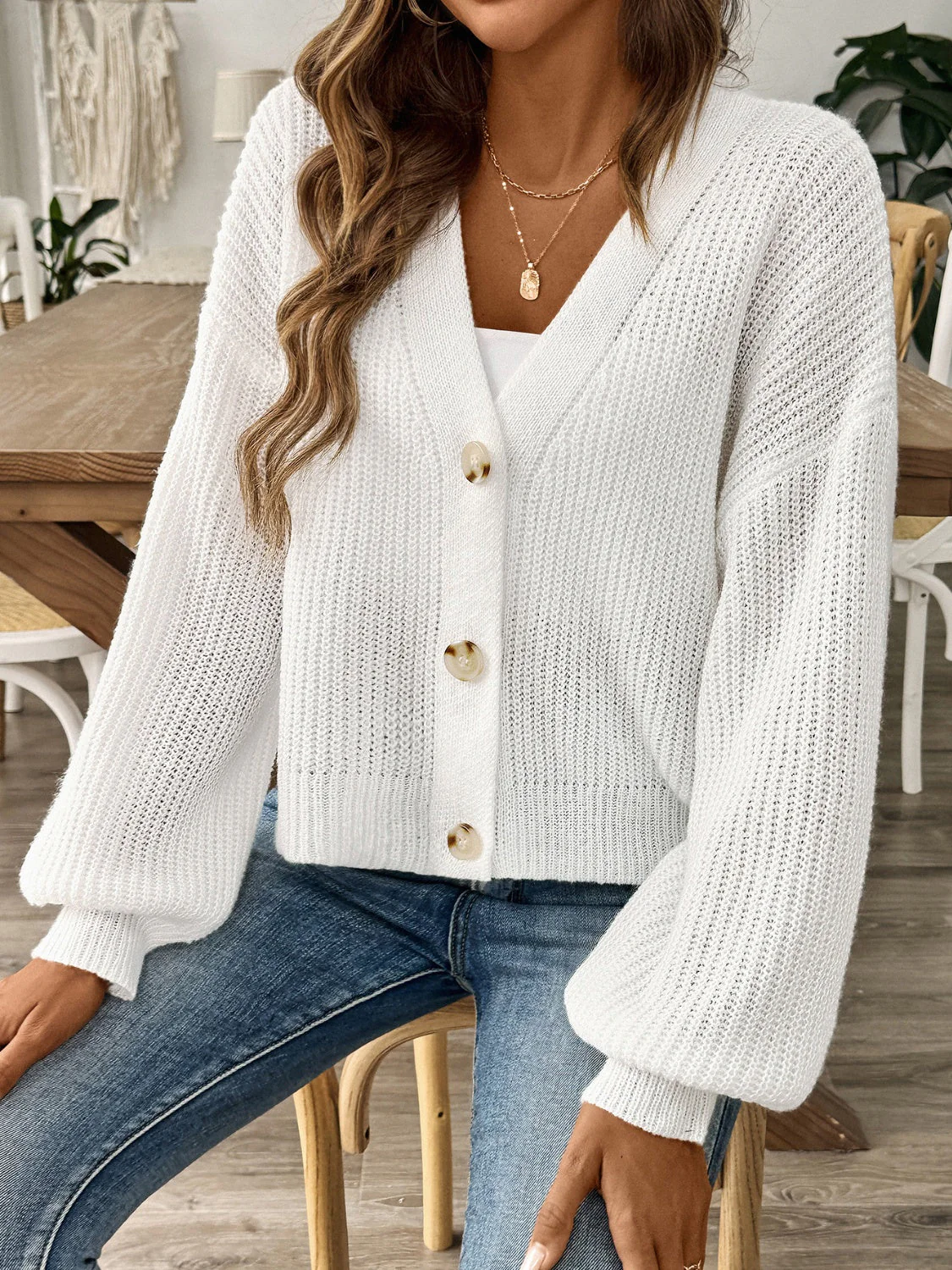 V-Neck Button Up Long Sleeve Cardigan - Image 4