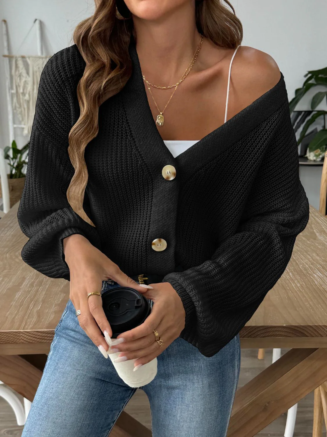 V-Neck Button Up Long Sleeve Cardigan - Image 7