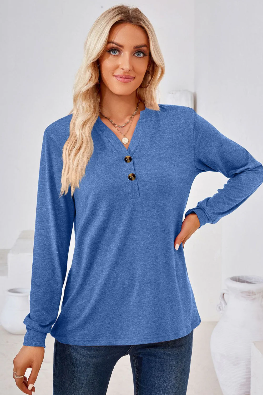 V-Neck Buttoned Long Sleeve Blouse - Image 12