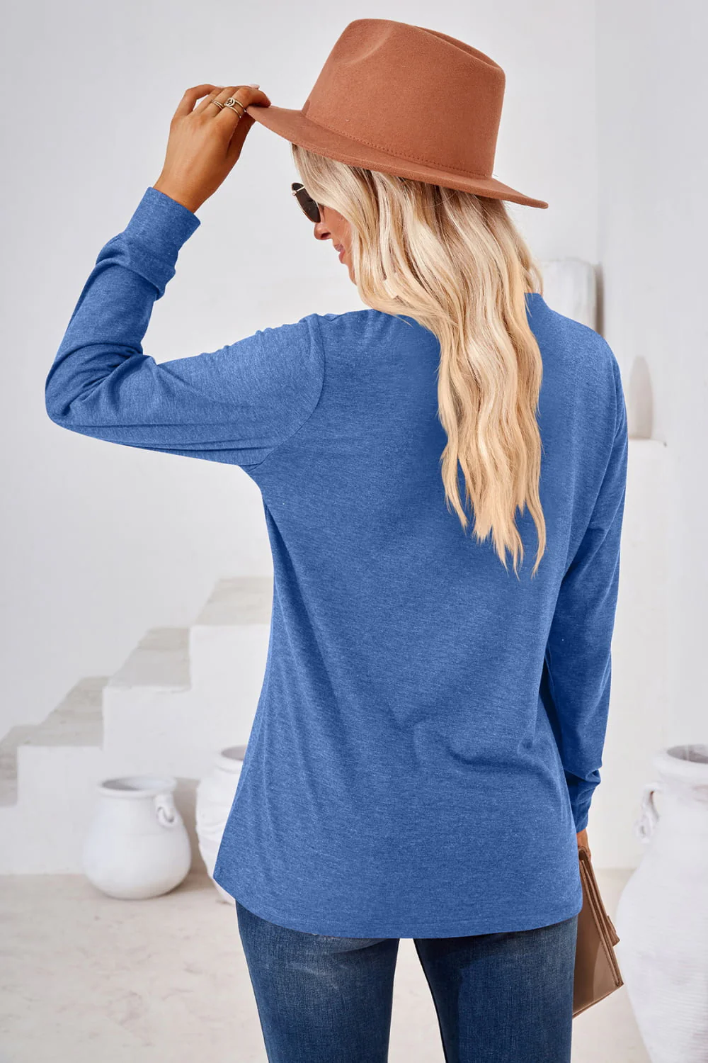 V-Neck Buttoned Long Sleeve Blouse - Image 13
