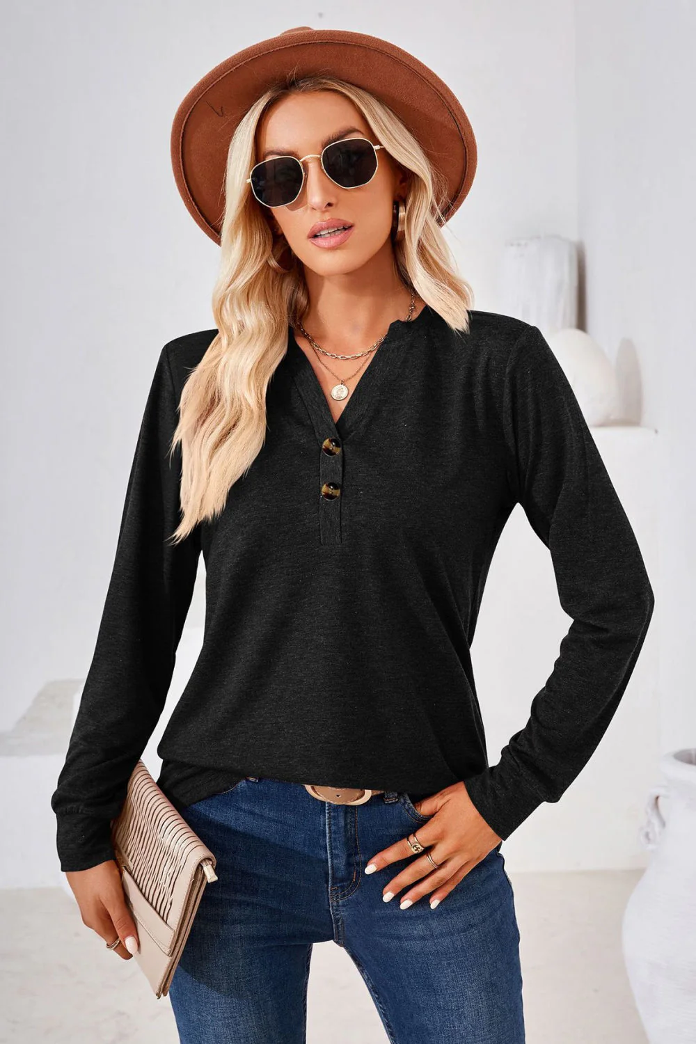 V-Neck Buttoned Long Sleeve Blouse - Image 17