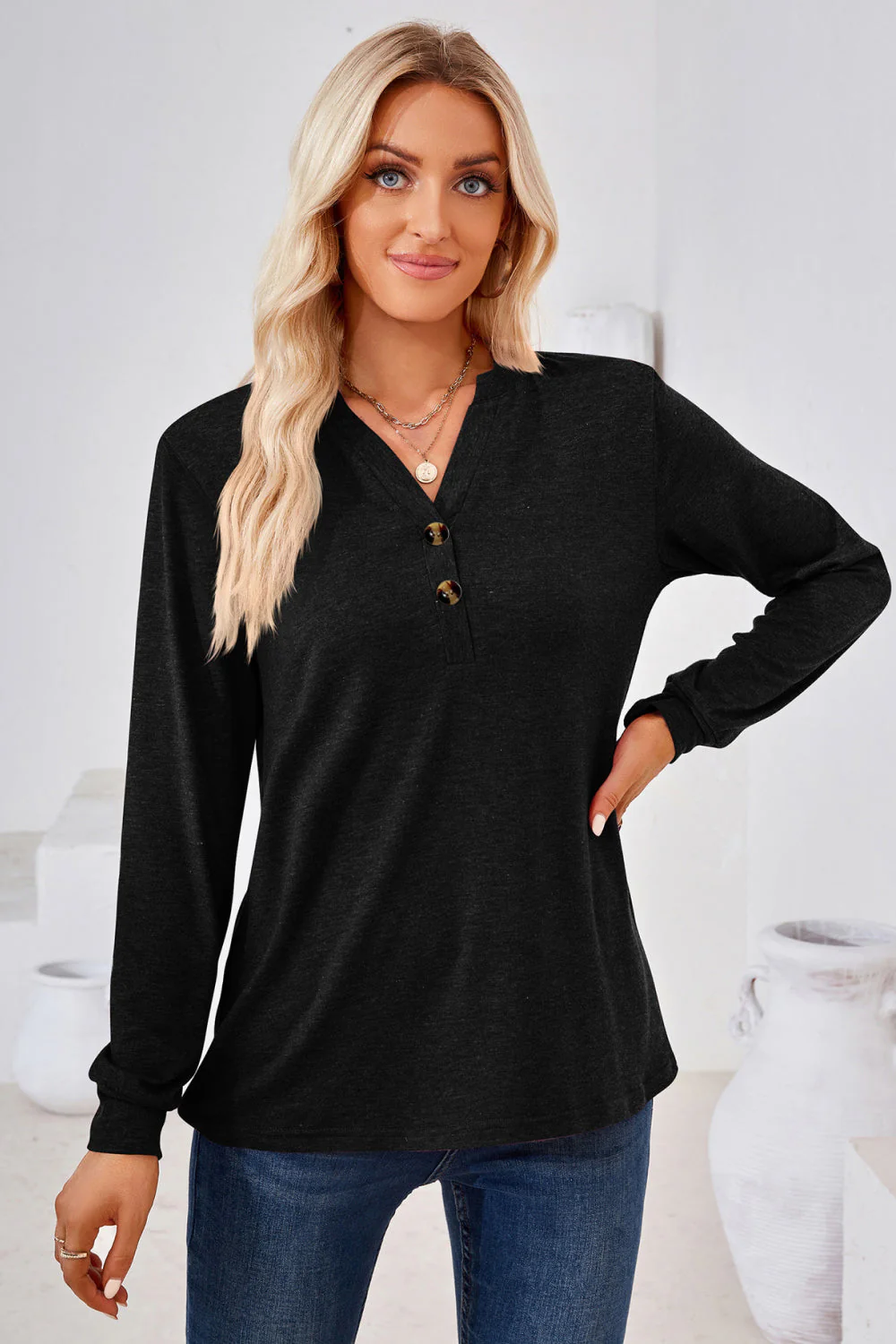 V-Neck Buttoned Long Sleeve Blouse - Image 18