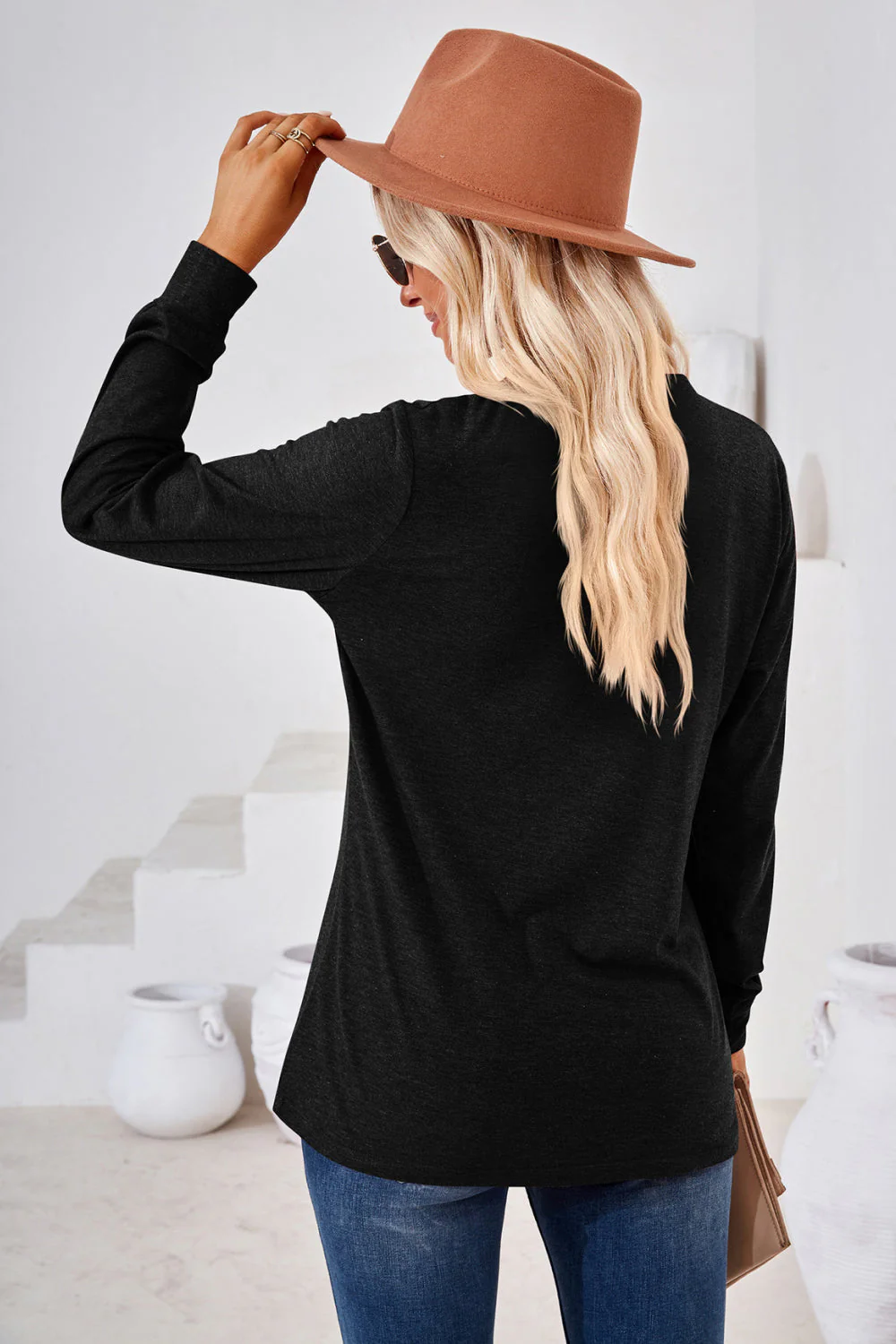 V-Neck Buttoned Long Sleeve Blouse - Image 19