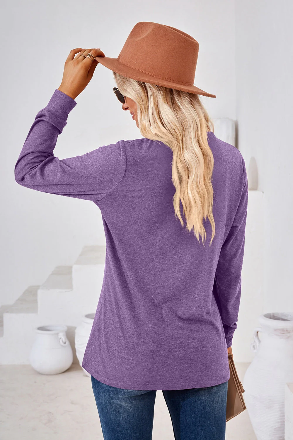V-Neck Buttoned Long Sleeve Blouse - Image 2