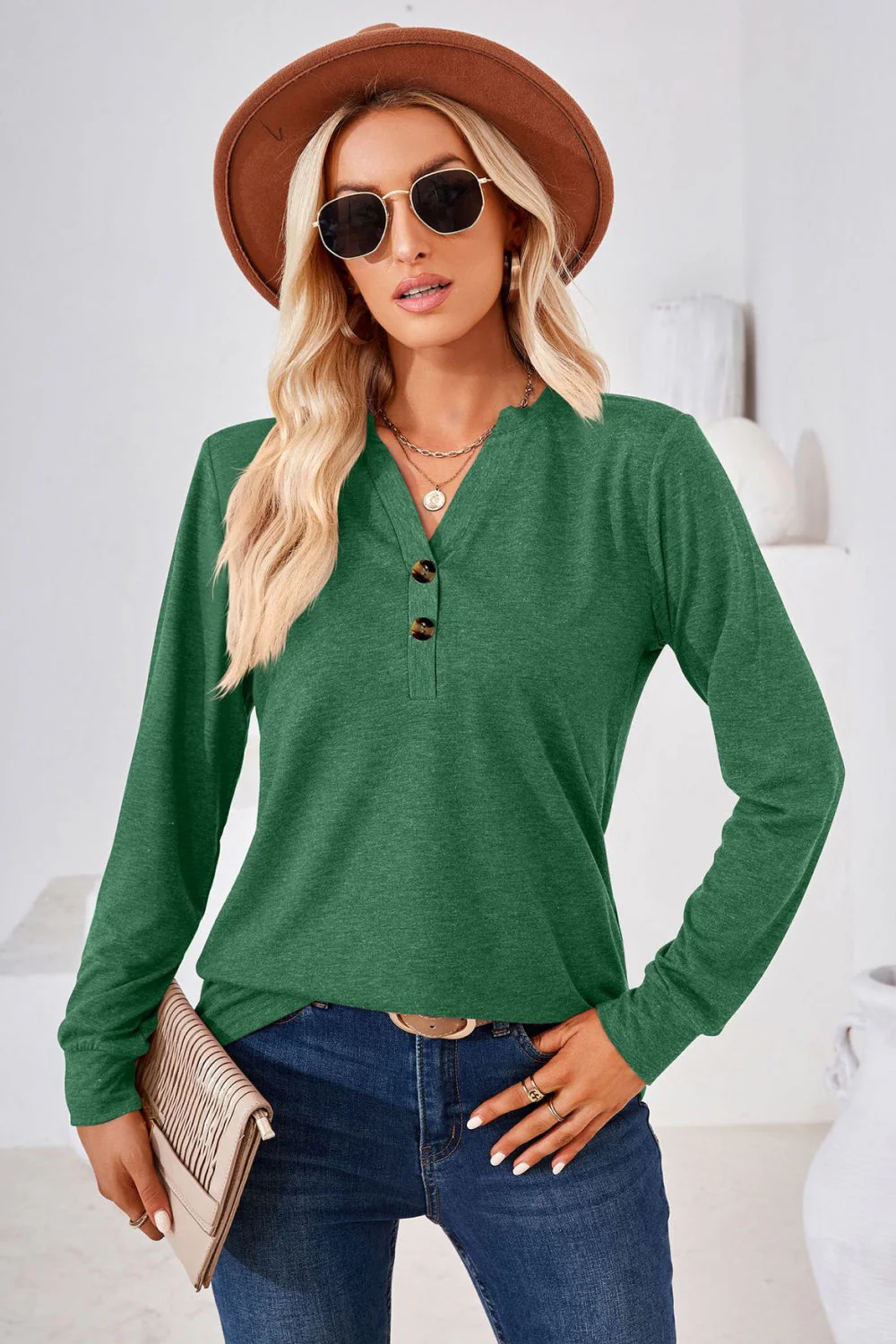 V-Neck Buttoned Long Sleeve Blouse - Image 21