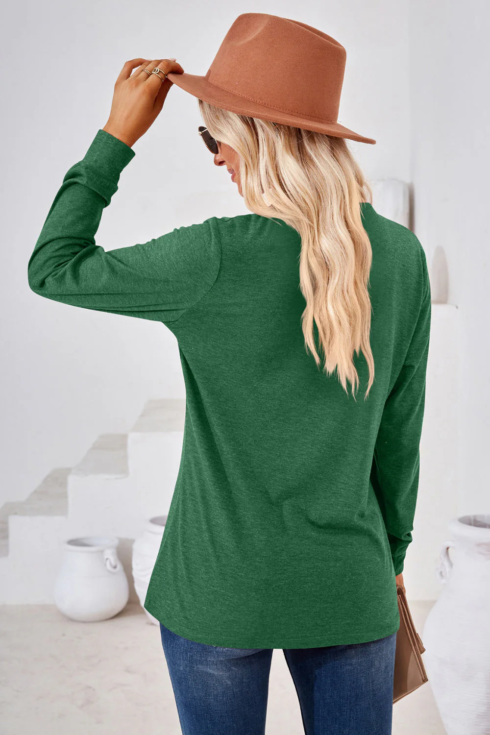 V-Neck Buttoned Long Sleeve Blouse - Image 22