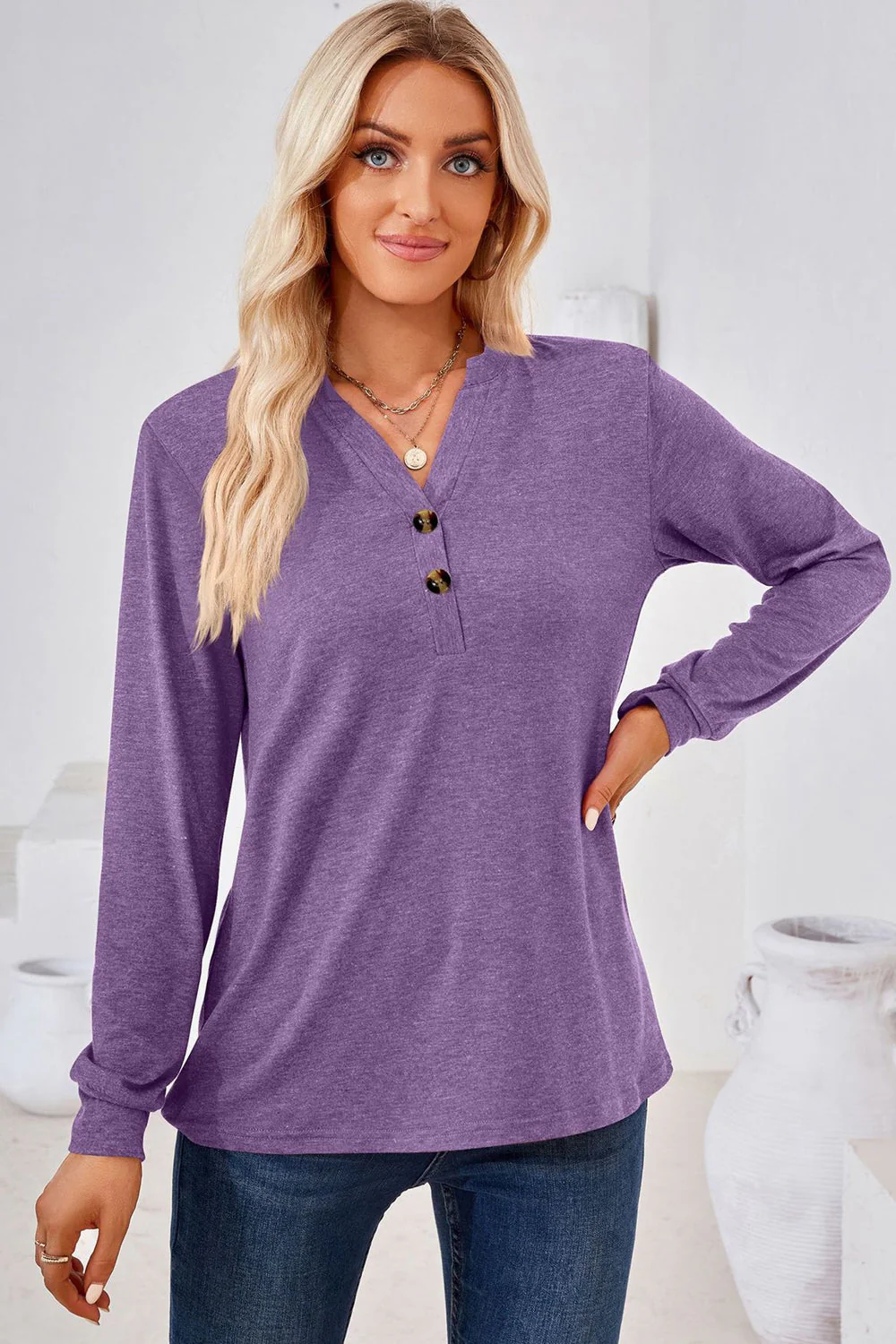 V-Neck Buttoned Long Sleeve Blouse - Image 3