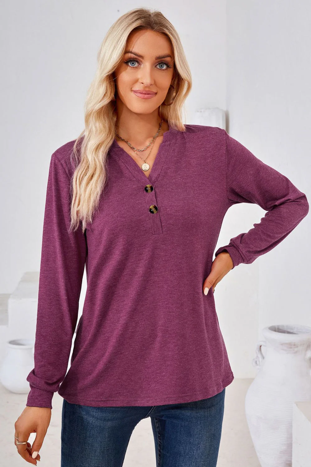 V-Neck Buttoned Long Sleeve Blouse - Image 5