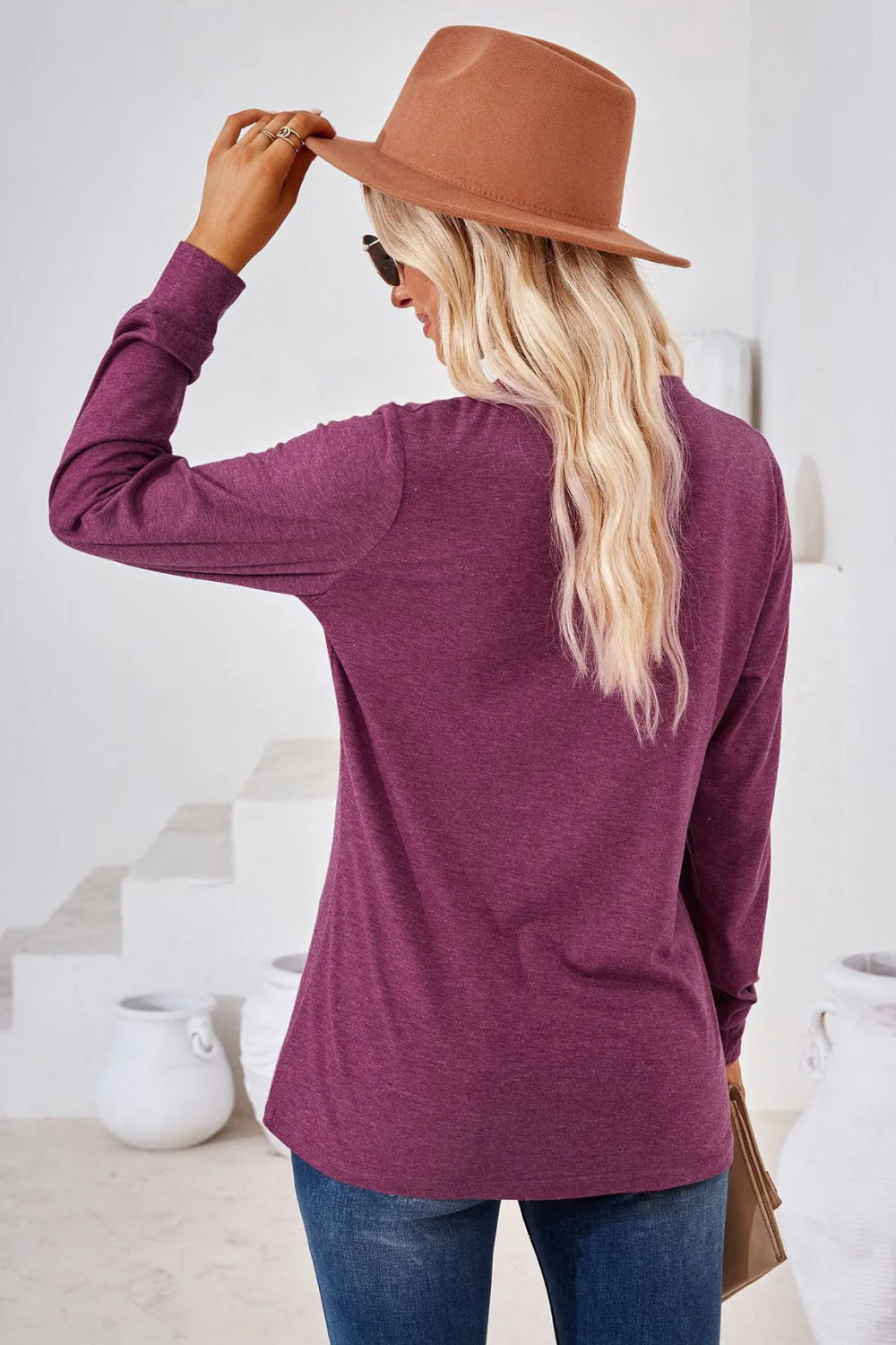 V-Neck Buttoned Long Sleeve Blouse - Image 6