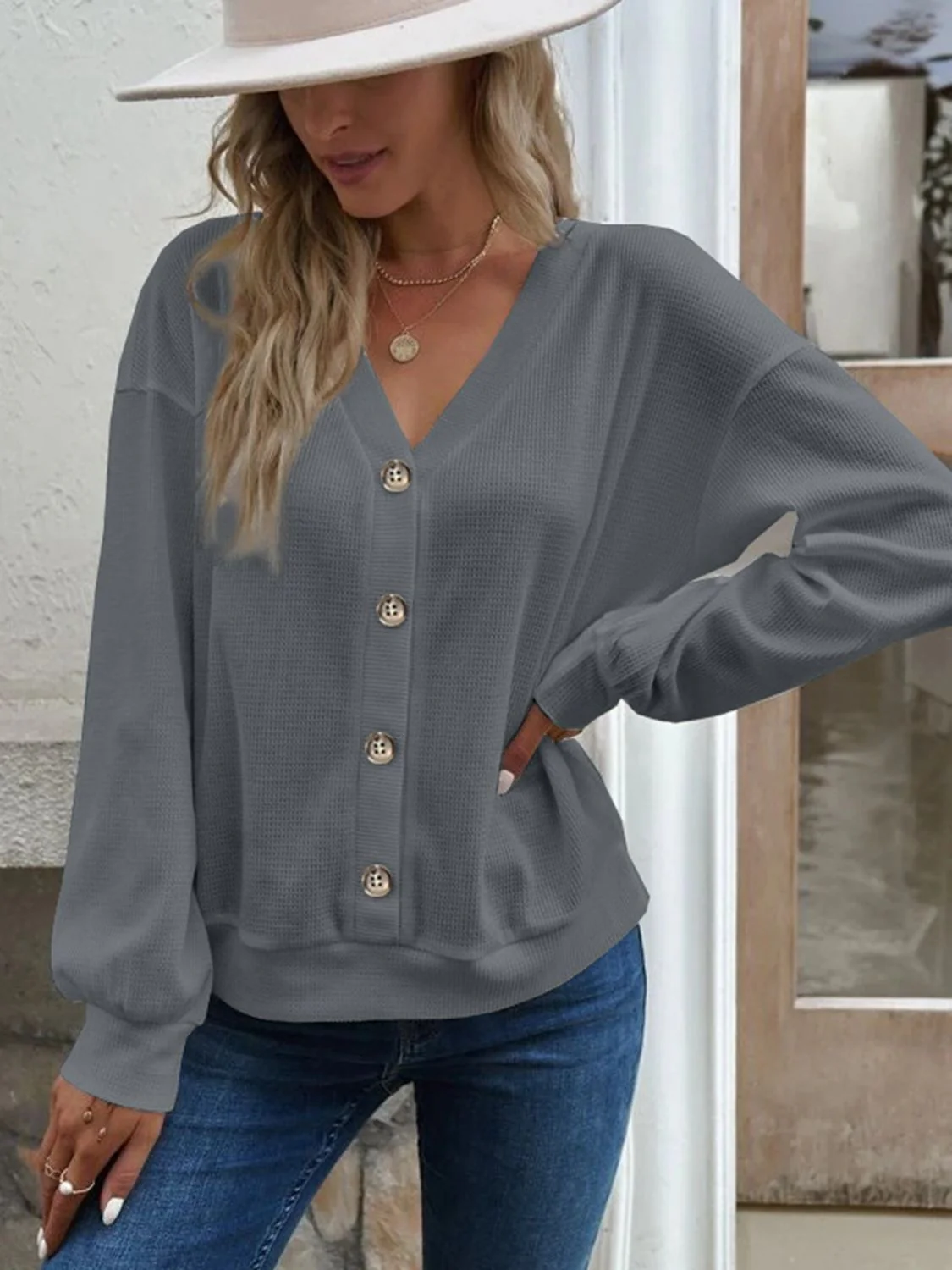 V-Neck Dropped Shoulder Blouse - Image 11