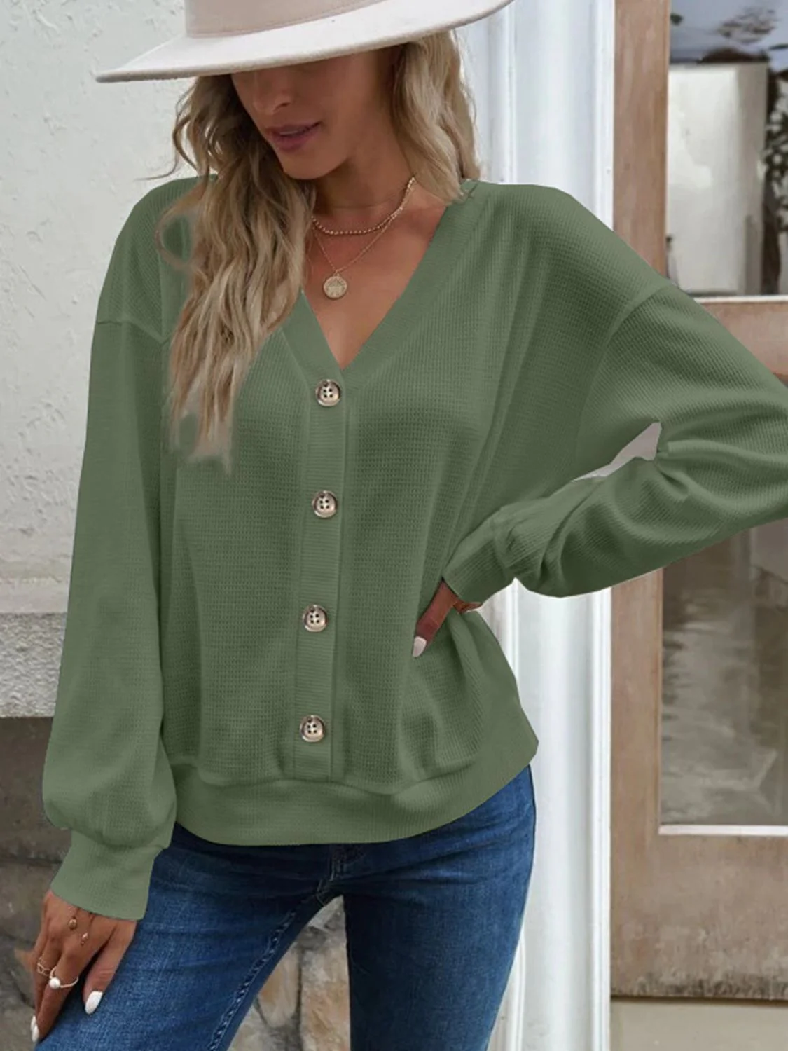 V-Neck Dropped Shoulder Blouse - Image 14