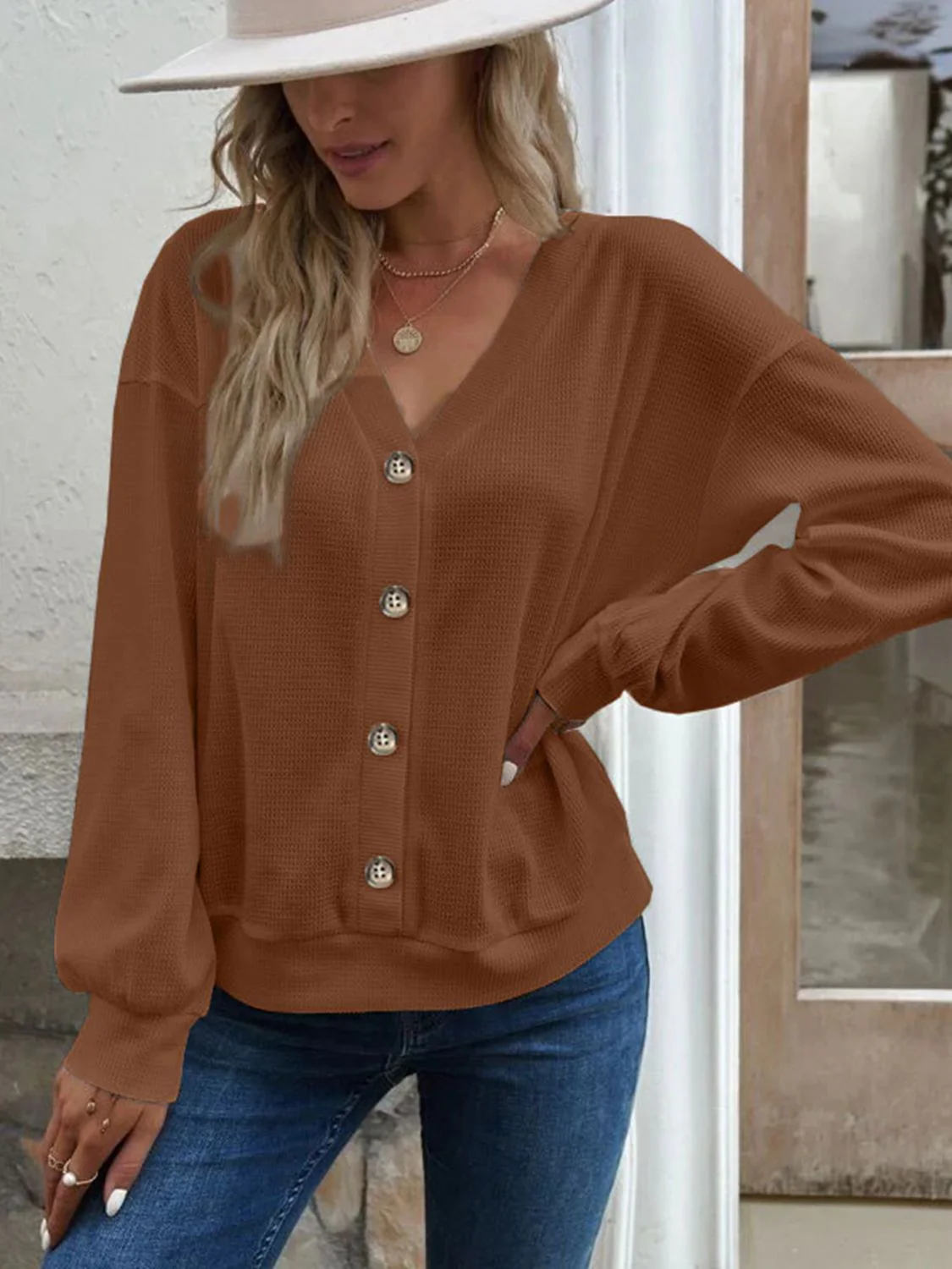 V-Neck Dropped Shoulder Blouse - Image 17