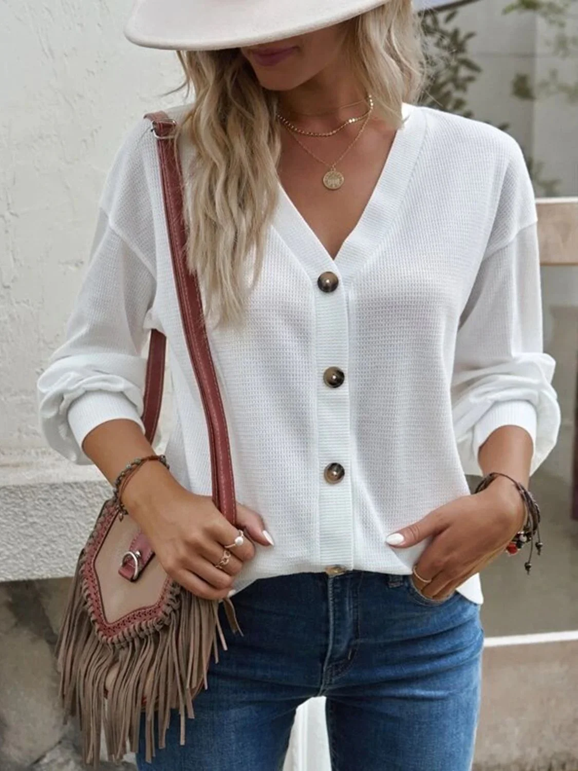 V-Neck Dropped Shoulder Blouse - Image 3