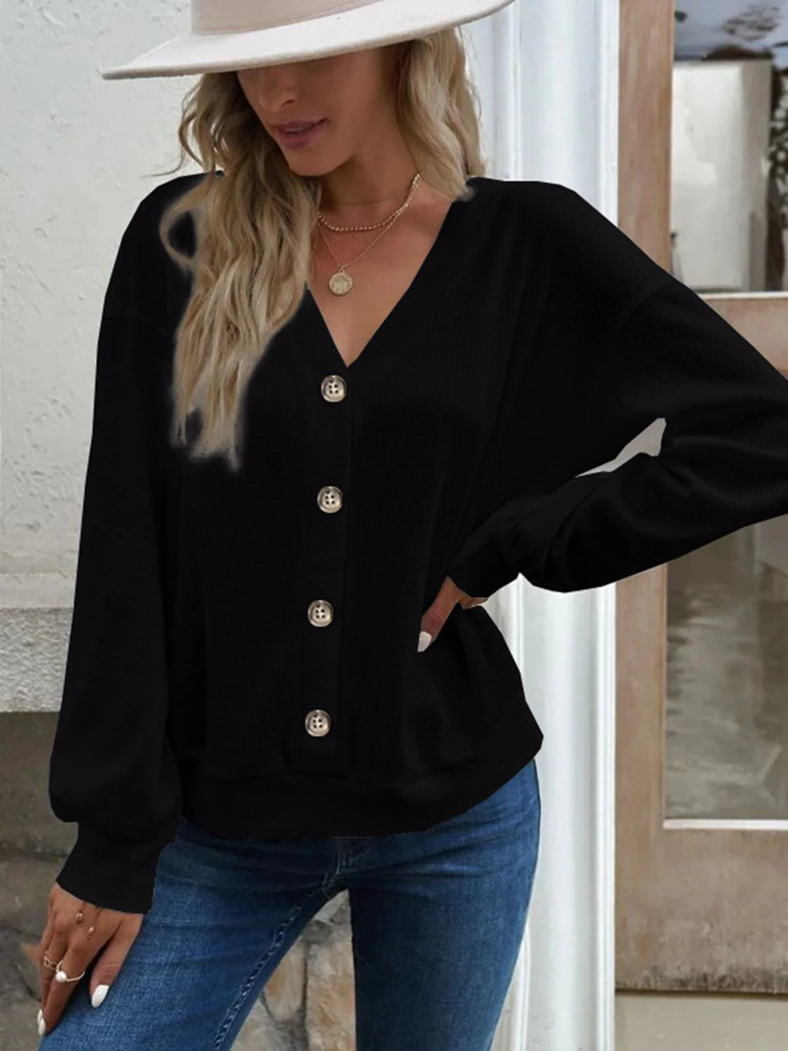 V-Neck Dropped Shoulder Blouse - Image 8