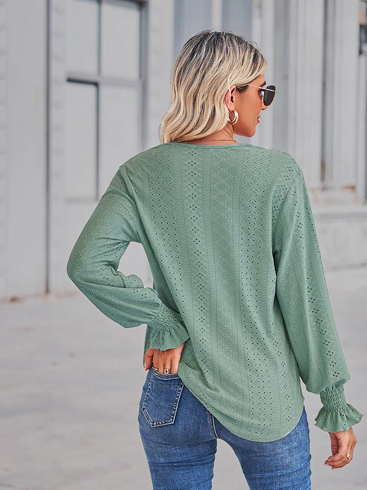 V-Neck Eyelet Flounce Sleeve Blouse - Image 10
