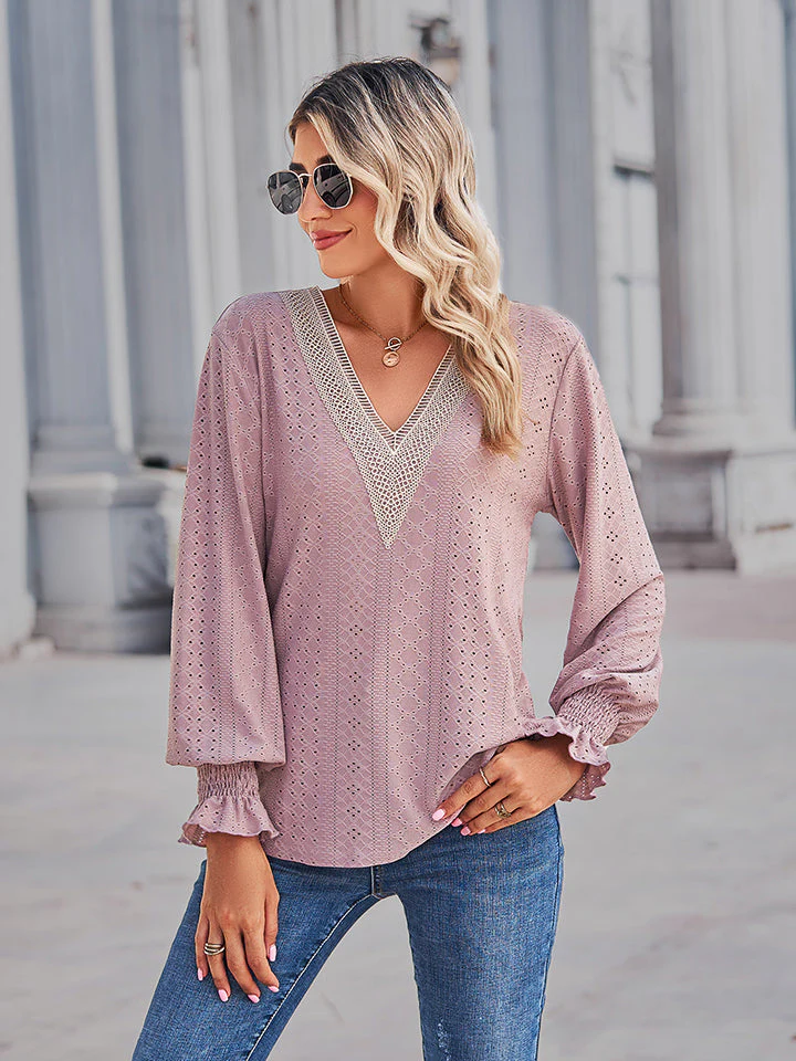V-Neck Eyelet Flounce Sleeve Blouse - Image 12