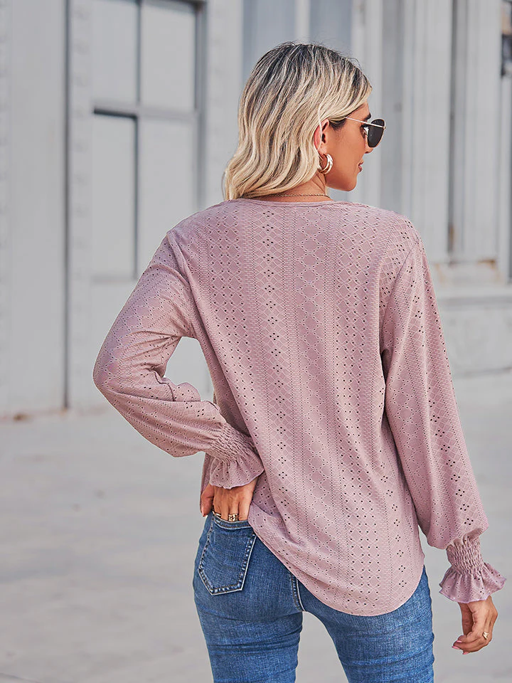 V-Neck Eyelet Flounce Sleeve Blouse - Image 13