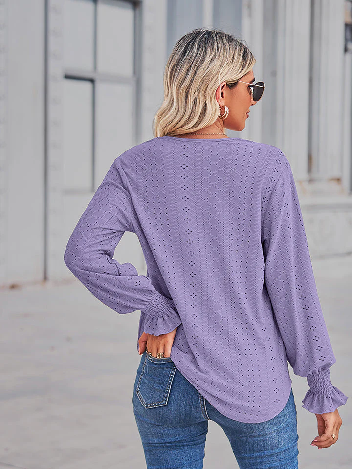V-Neck Eyelet Flounce Sleeve Blouse - Image 2