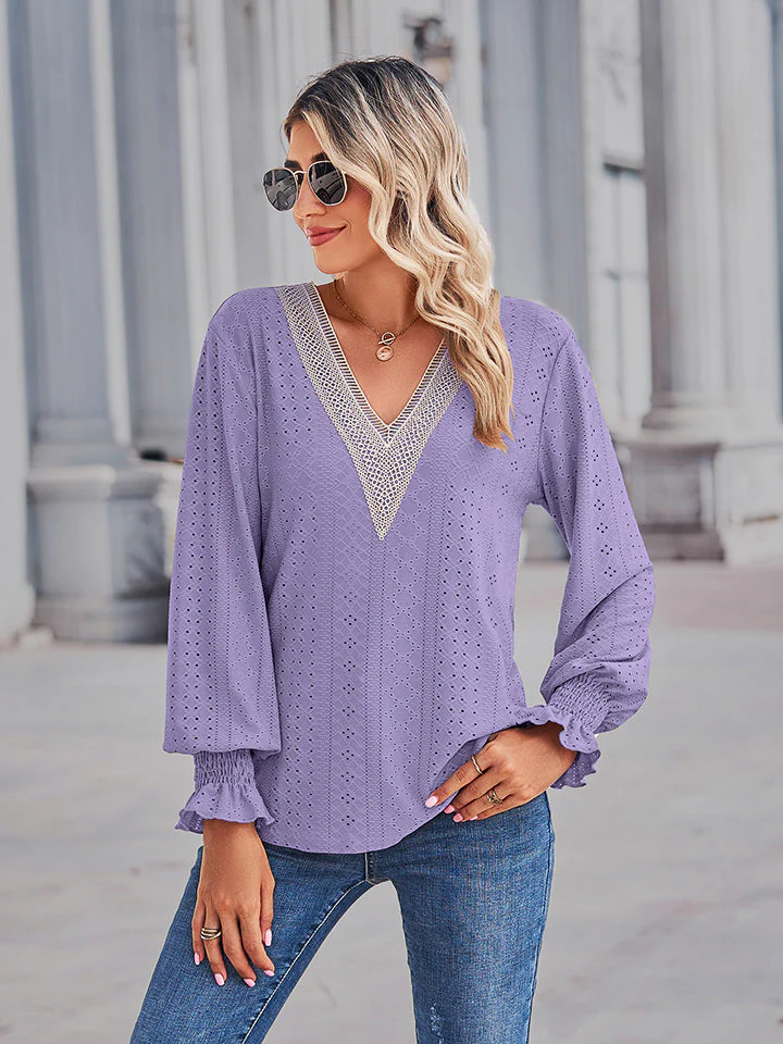 V-Neck Eyelet Flounce Sleeve Blouse - Image 3