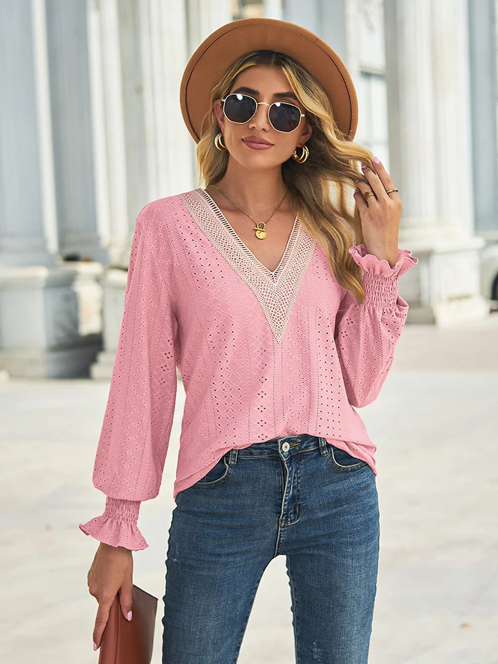 V-Neck Eyelet Flounce Sleeve Blouse - Image 4